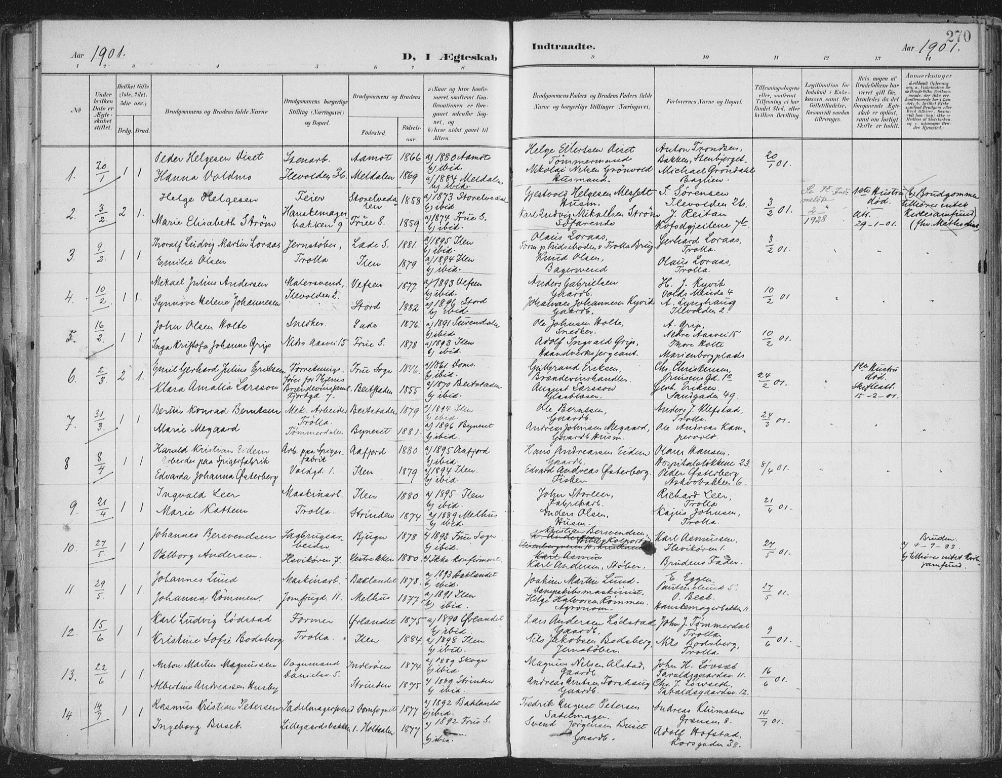Ministerialprotokoller, klokkerbøker og fødselsregistre - Sør-Trøndelag, SAT/A-1456/603/L0167: Parish register (official) no. 603A06, 1896-1932, p. 270
