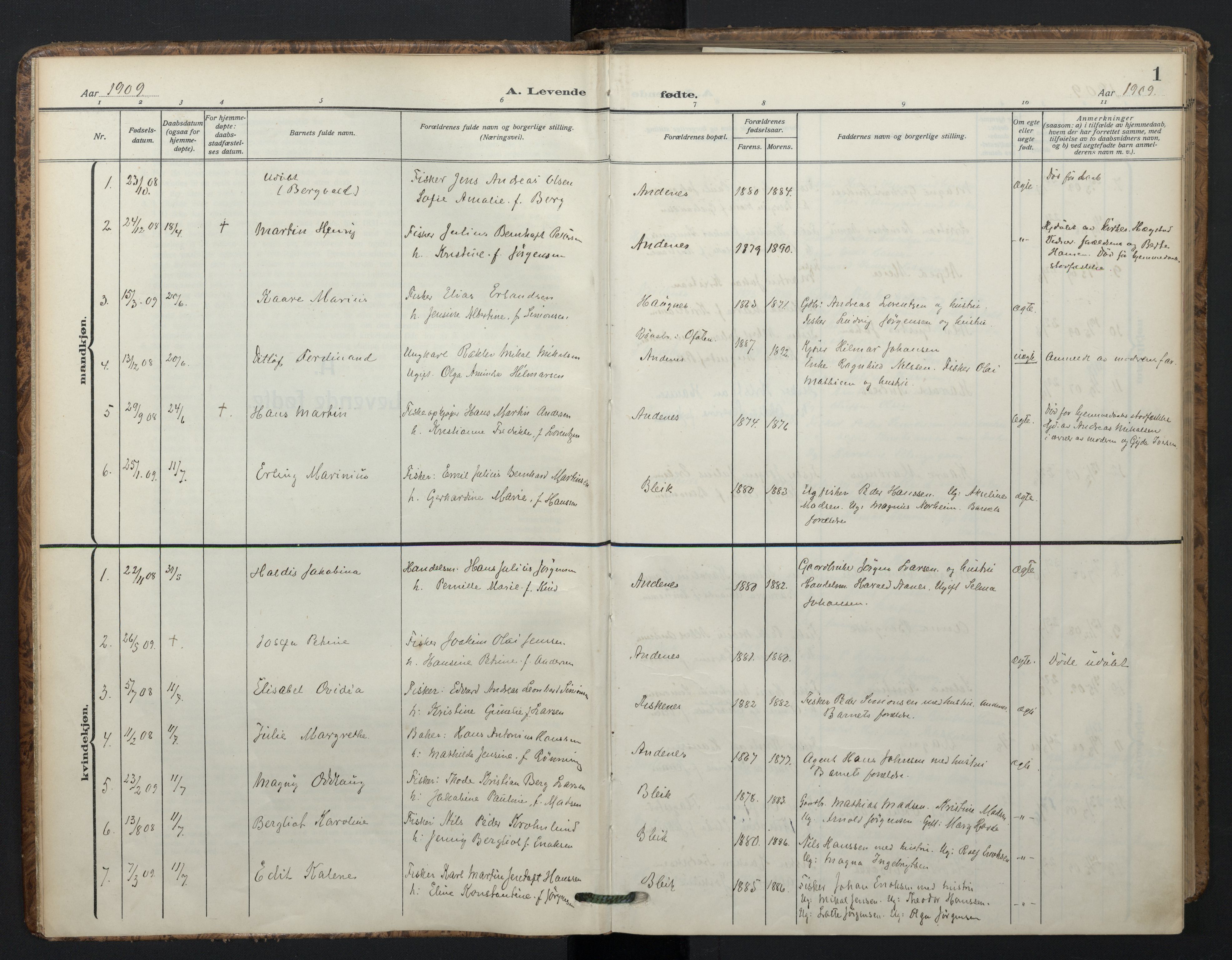 Ministerialprotokoller, klokkerbøker og fødselsregistre - Nordland, SAT/A-1459/899/L1438: Parish register (official) no. 899A06, 1909-1922, p. 1