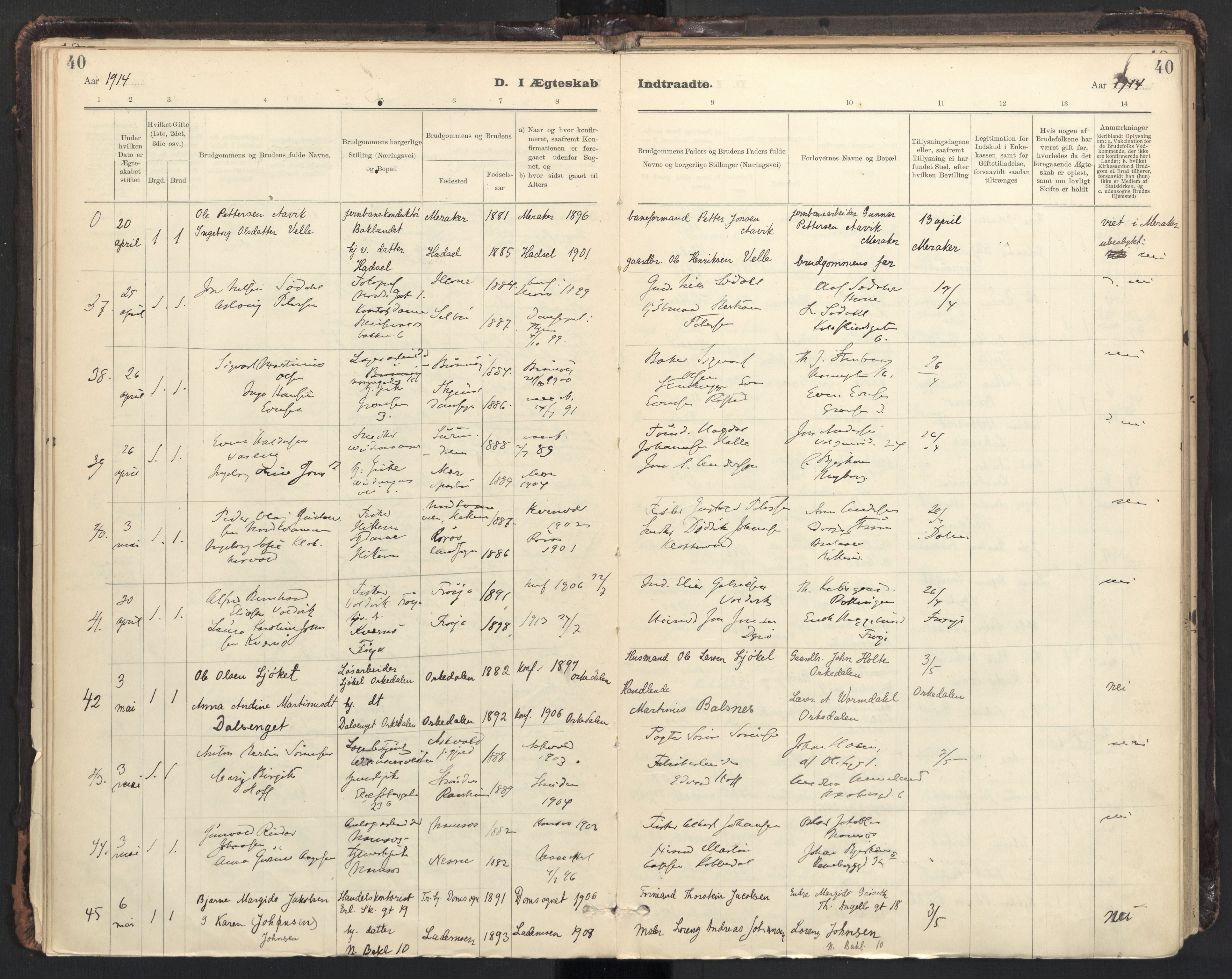 Ministerialprotokoller, klokkerbøker og fødselsregistre - Sør-Trøndelag, AV/SAT-A-1456/604/L0204: Parish register (official) no. 604A24, 1911-1920, p. 40