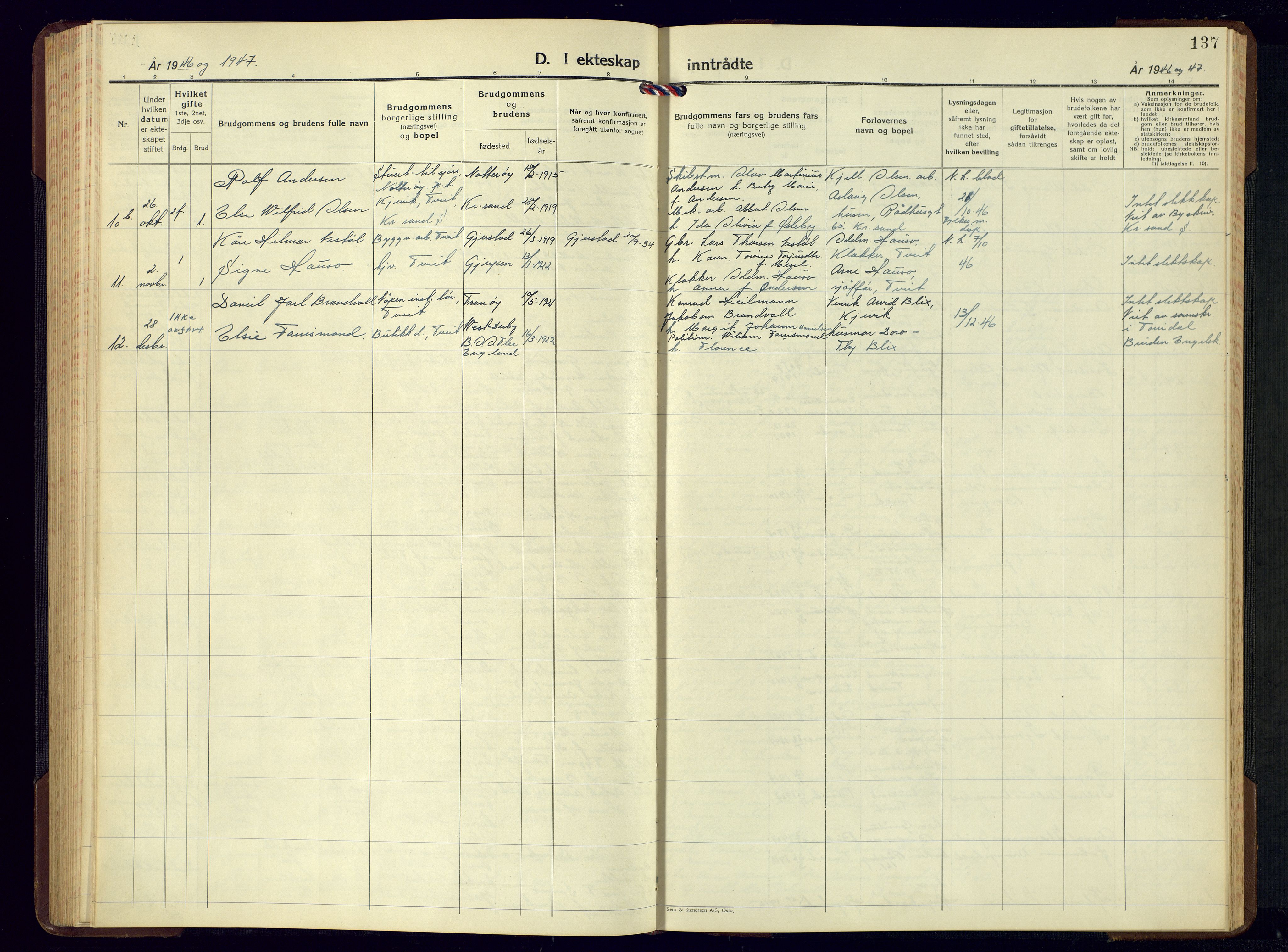 Tveit sokneprestkontor, AV/SAK-1111-0043/F/Fb/L0006: Parish register (copy) no. B-6, 1941-1962, p. 137