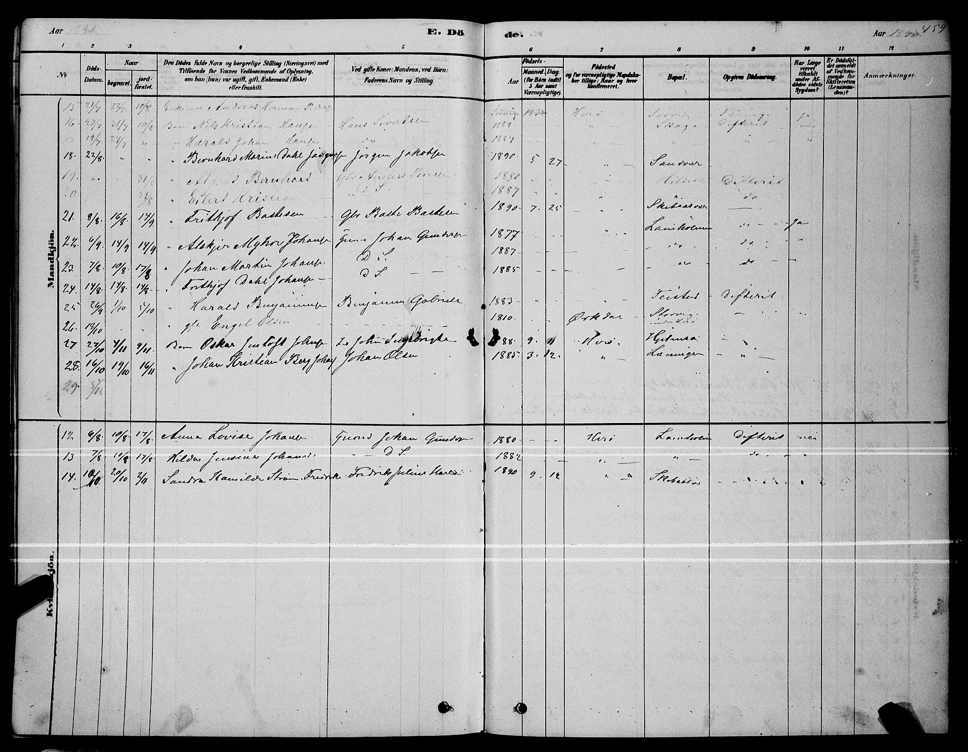 Ministerialprotokoller, klokkerbøker og fødselsregistre - Nordland, AV/SAT-A-1459/834/L0513: Parish register (copy) no. 834C04, 1877-1892, p. 459