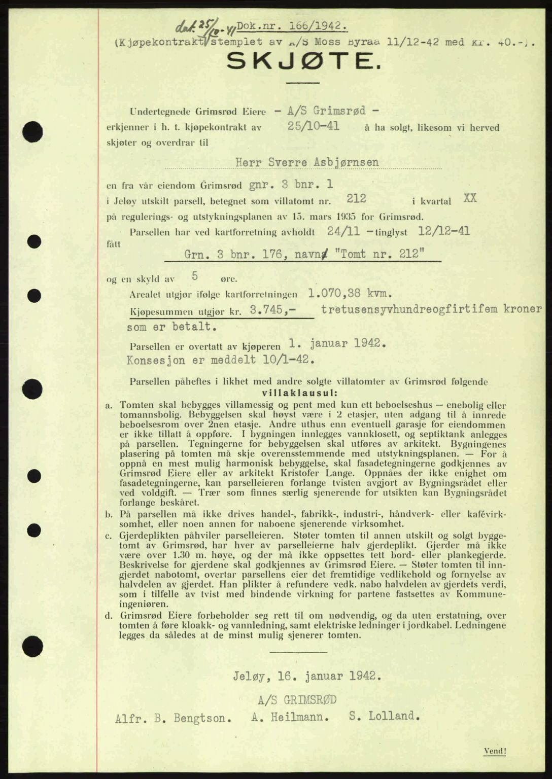 Moss sorenskriveri, SAO/A-10168: Mortgage book no. A9, 1941-1942, Diary no: : 166/1942