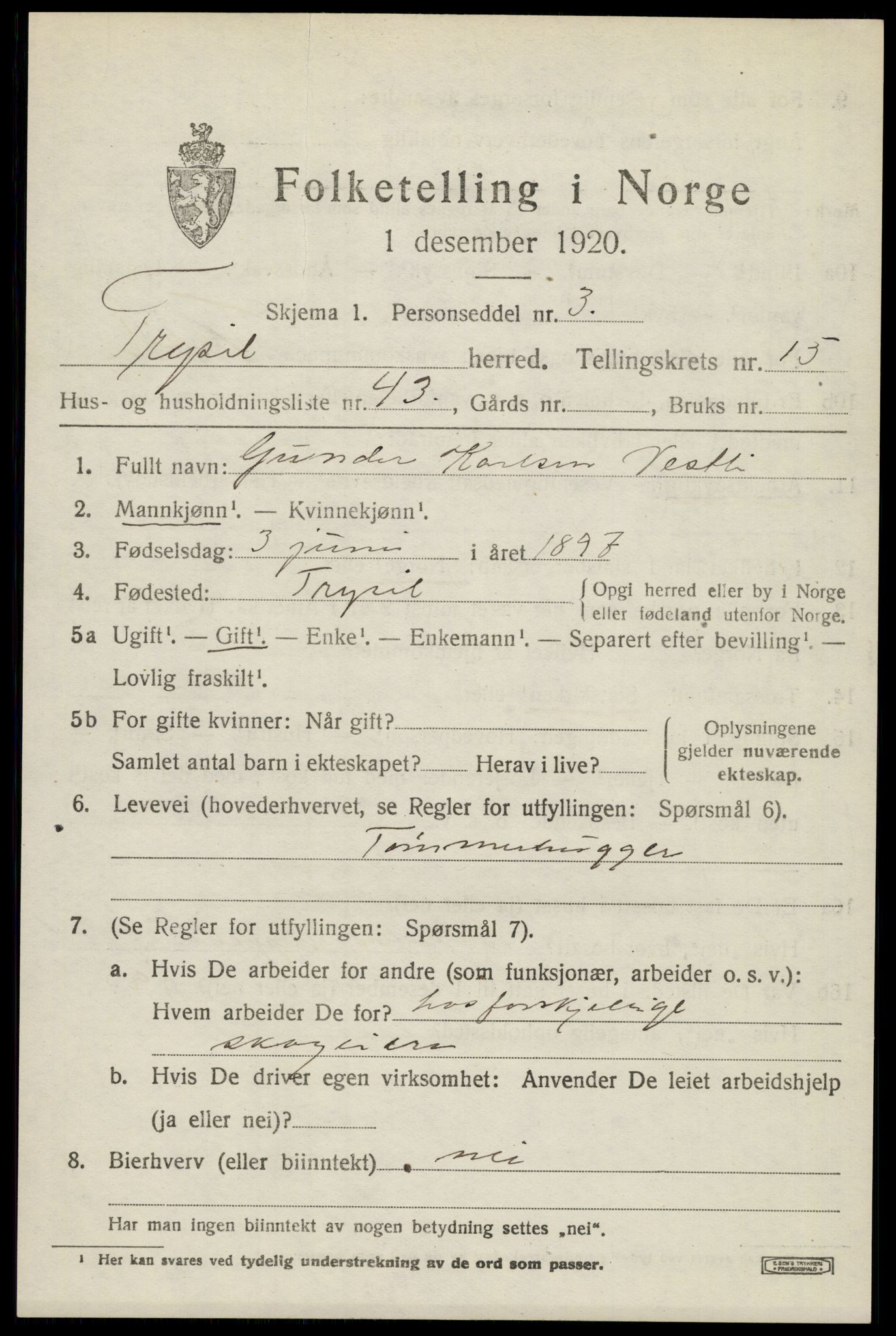 SAH, 1920 census for Trysil, 1920, p. 9411