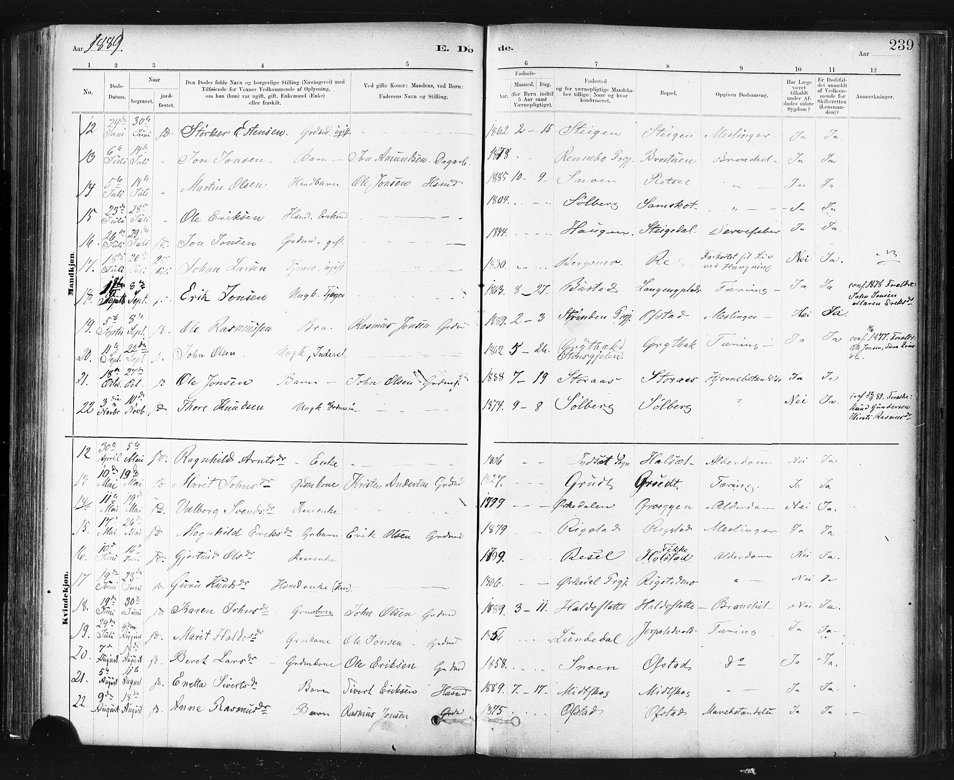 Ministerialprotokoller, klokkerbøker og fødselsregistre - Sør-Trøndelag, SAT/A-1456/672/L0857: Parish register (official) no. 672A09, 1882-1893, p. 239