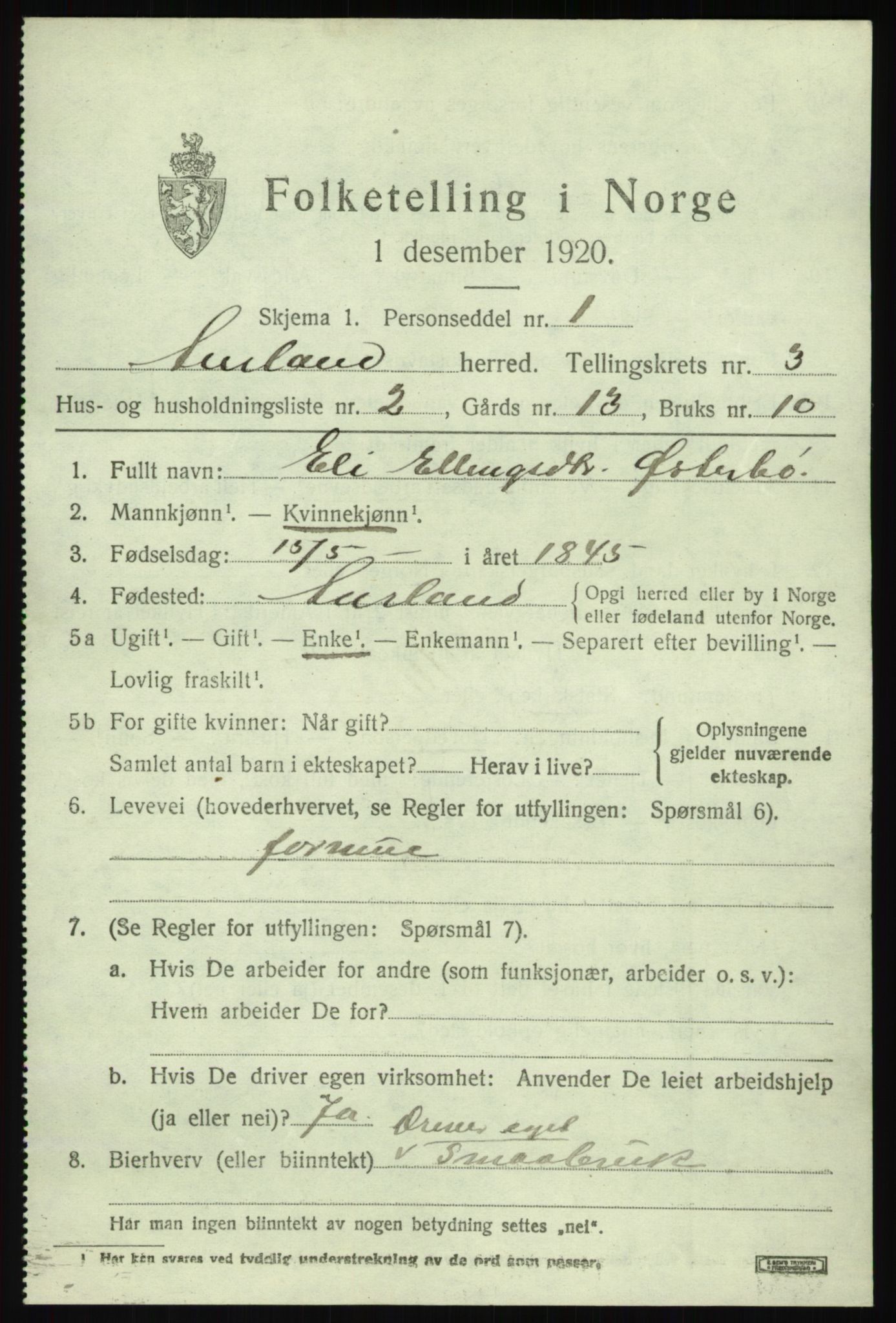 SAB, 1920 census for Aurland, 1920, p. 2150