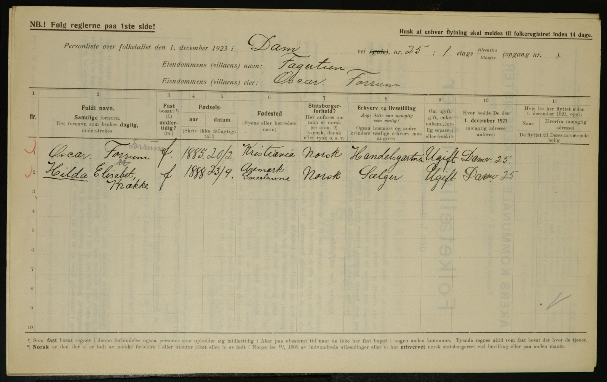 , Municipal Census 1923 for Aker, 1923, p. 9015