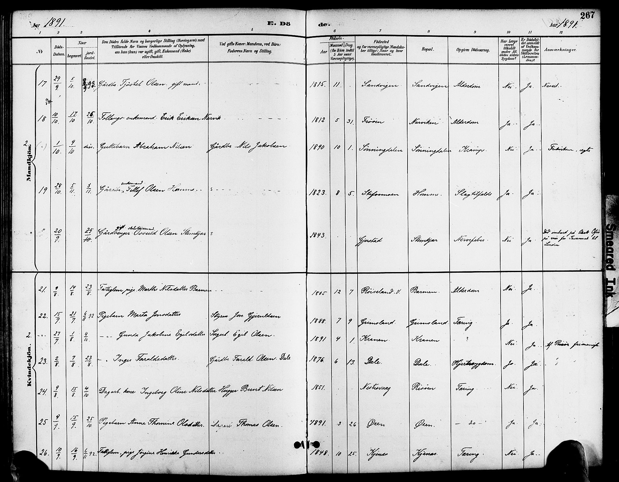 Søndeled sokneprestkontor, AV/SAK-1111-0038/F/Fa/L0005: Parish register (official) no. A 5, 1889-1899, p. 267