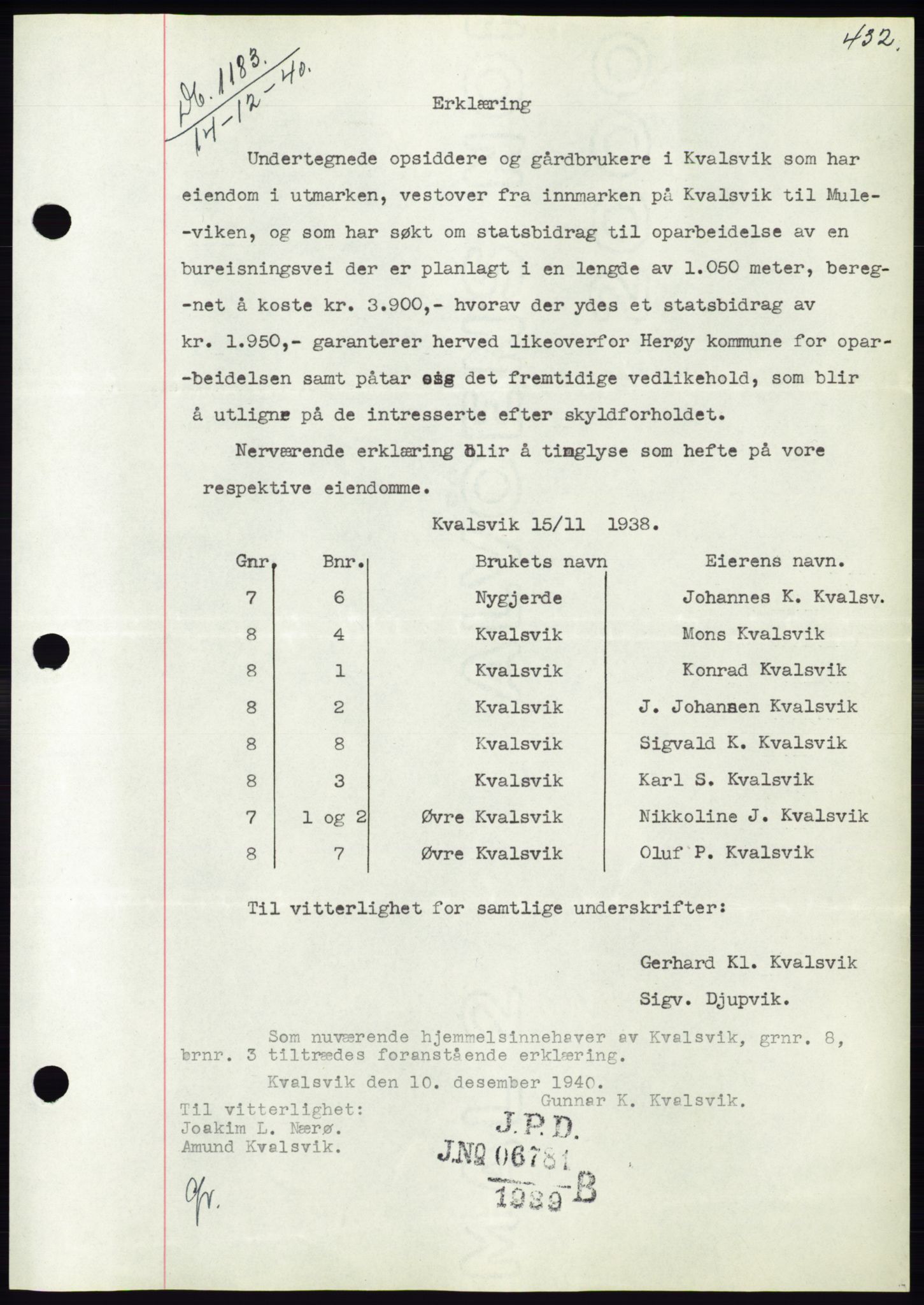 Søre Sunnmøre sorenskriveri, AV/SAT-A-4122/1/2/2C/L0070: Mortgage book no. 64, 1940-1941, Diary no: : 1183/1940