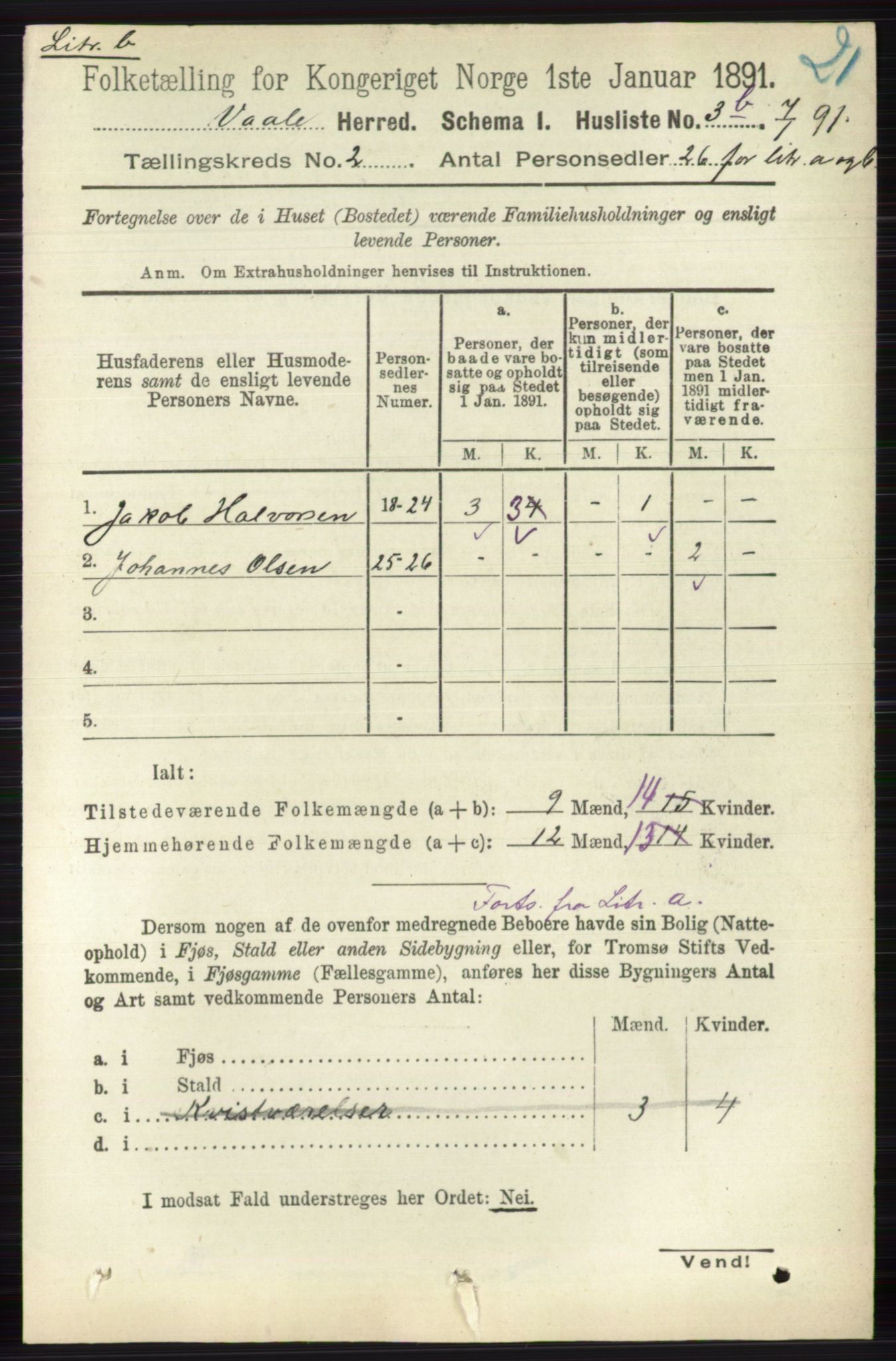 RA, 1891 census for 0716 Våle, 1891, p. 427