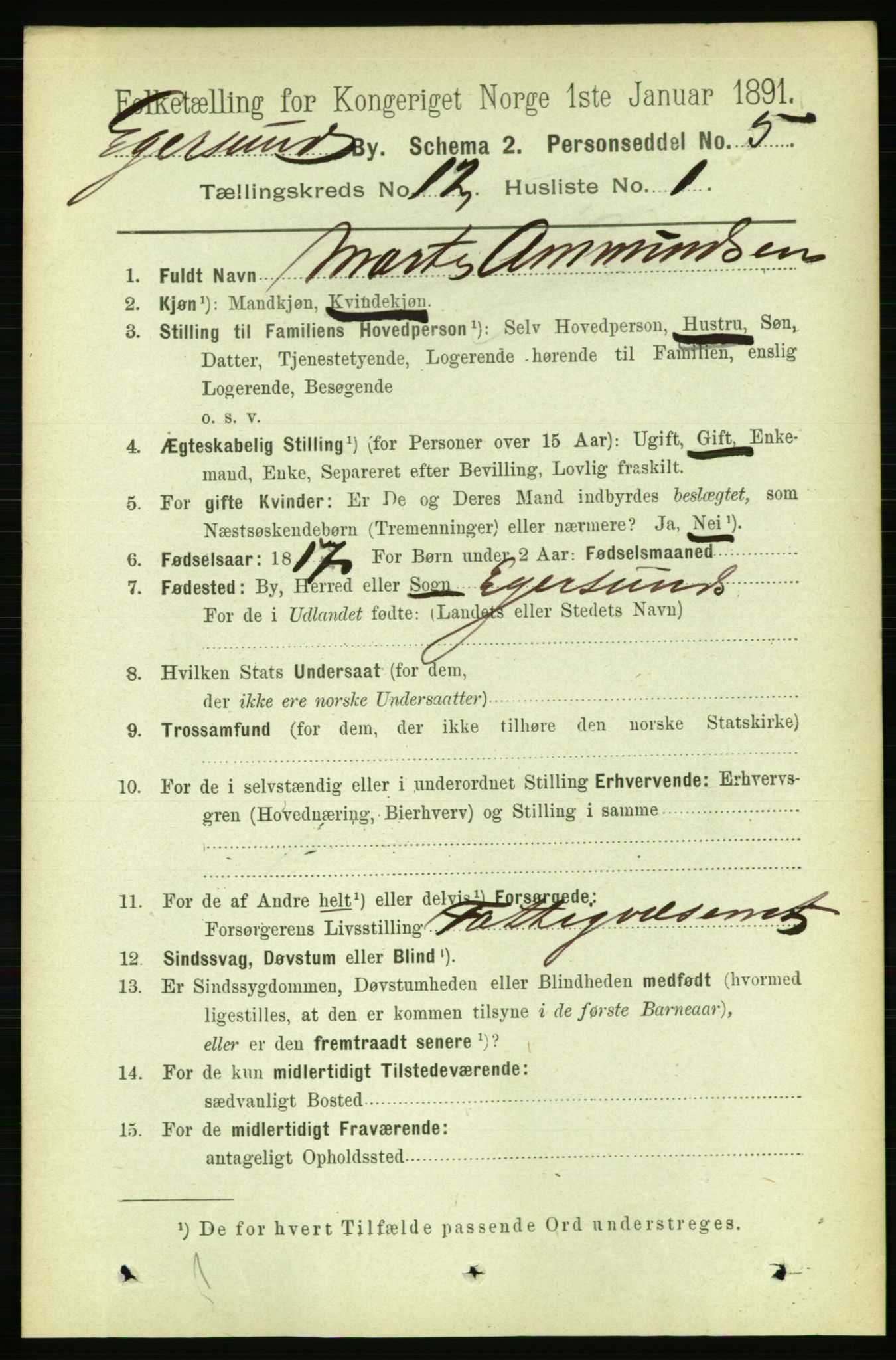 RA, 1891 census for 1101 Egersund, 1891, p. 2169