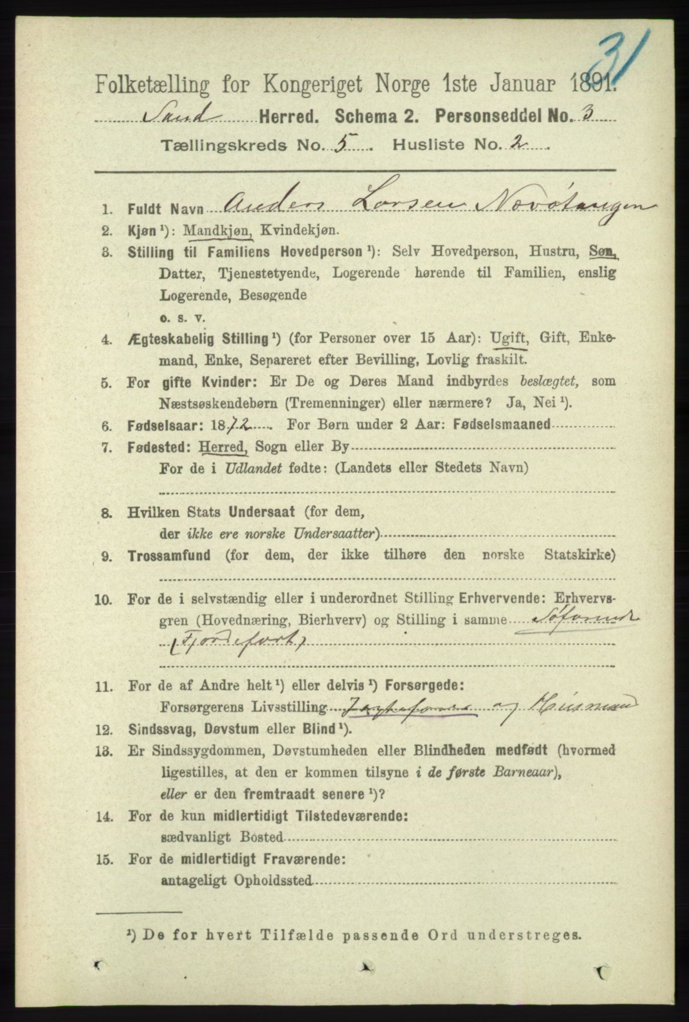 RA, 1891 census for 1136 Sand, 1891, p. 1555