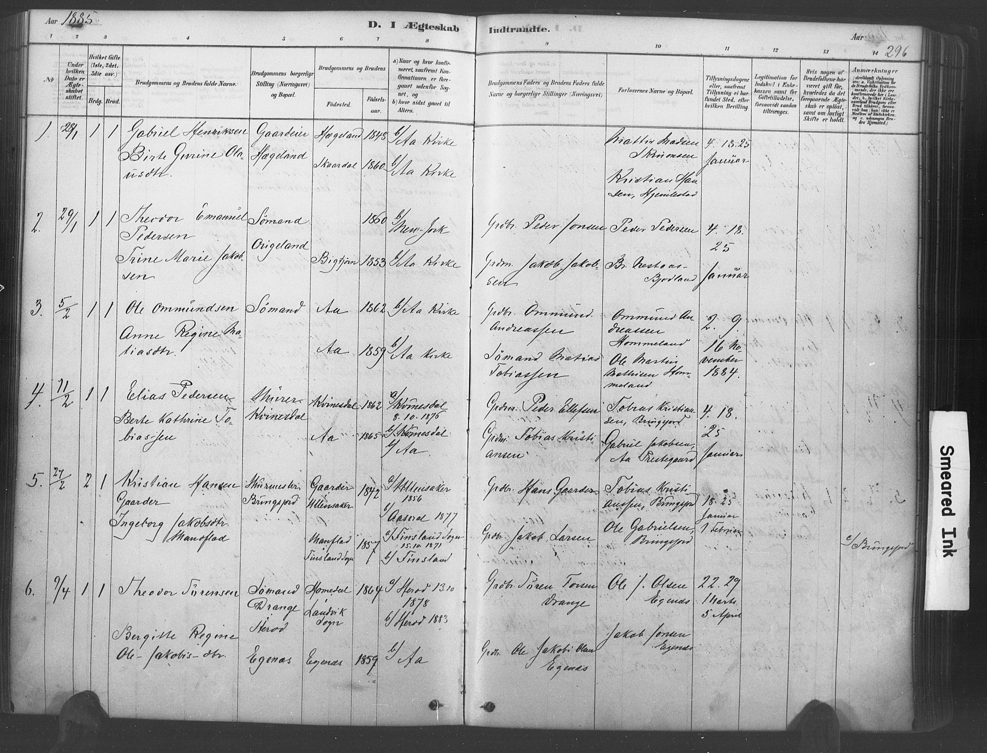 Lyngdal sokneprestkontor, SAK/1111-0029/F/Fa/Fac/L0011: Parish register (official) no. A 11, 1878-1893, p. 296