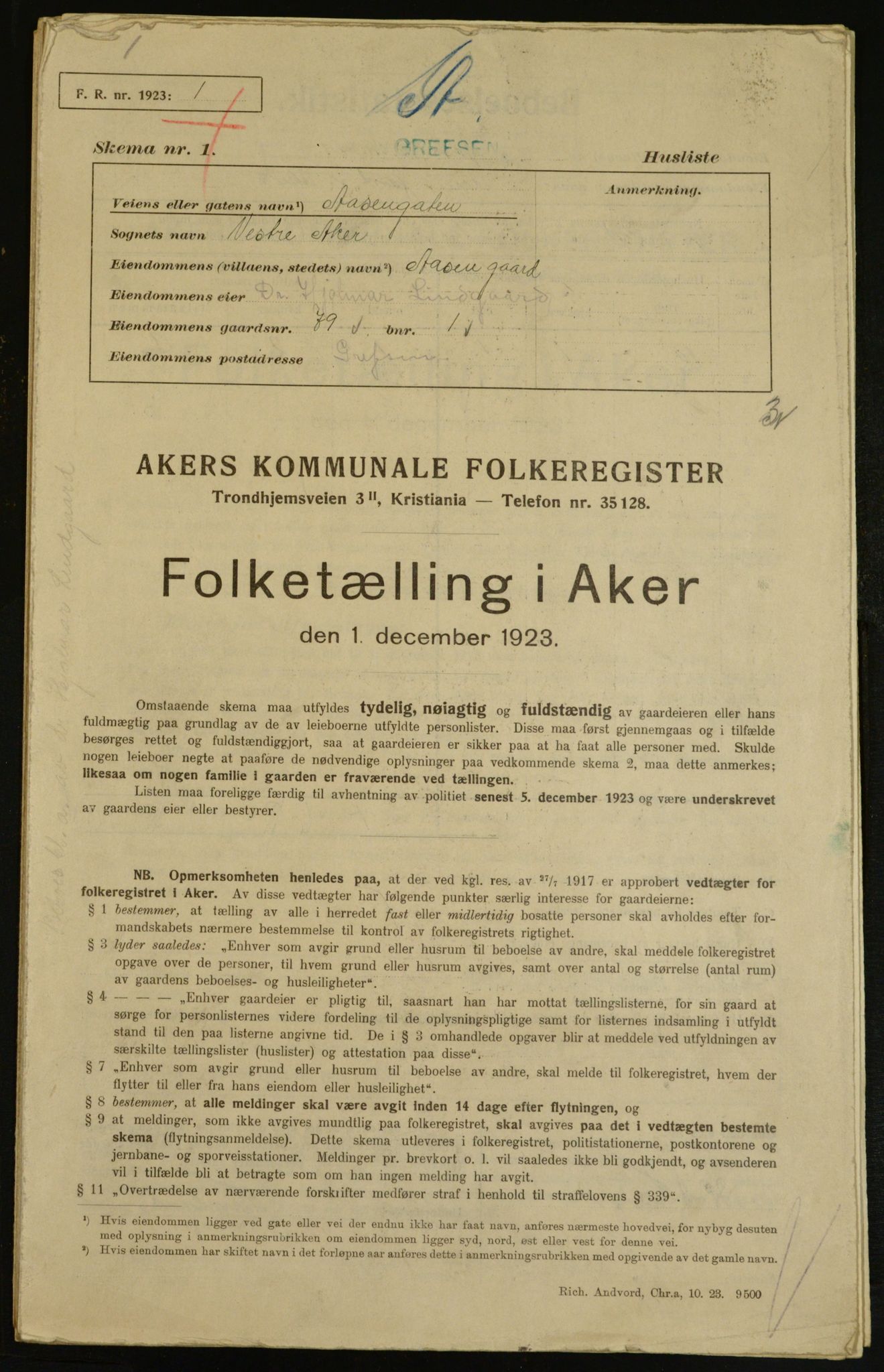 , Municipal Census 1923 for Aker, 1923, p. 7388