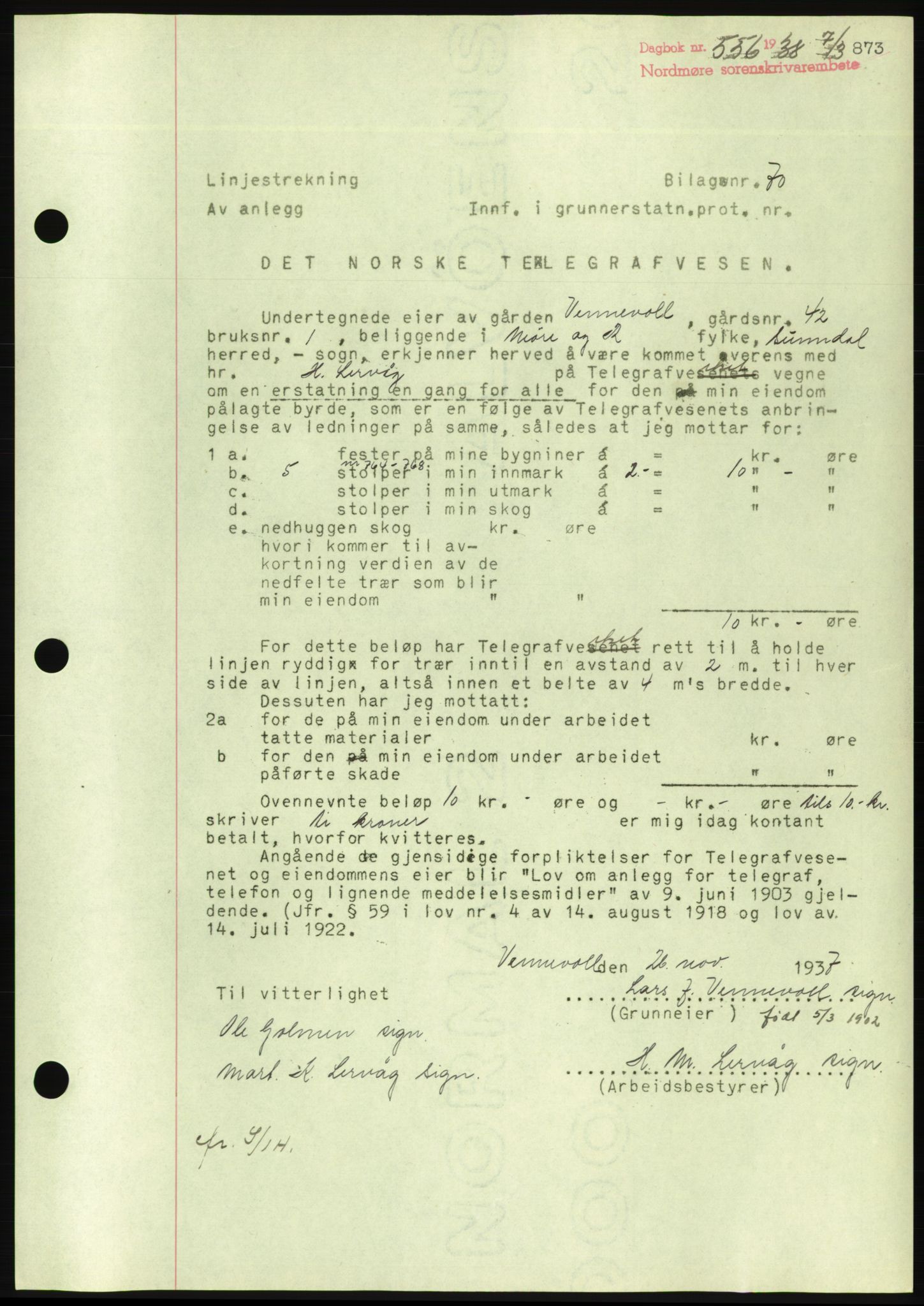 Nordmøre sorenskriveri, AV/SAT-A-4132/1/2/2Ca/L0092: Mortgage book no. B82, 1937-1938, Diary no: : 556/1938