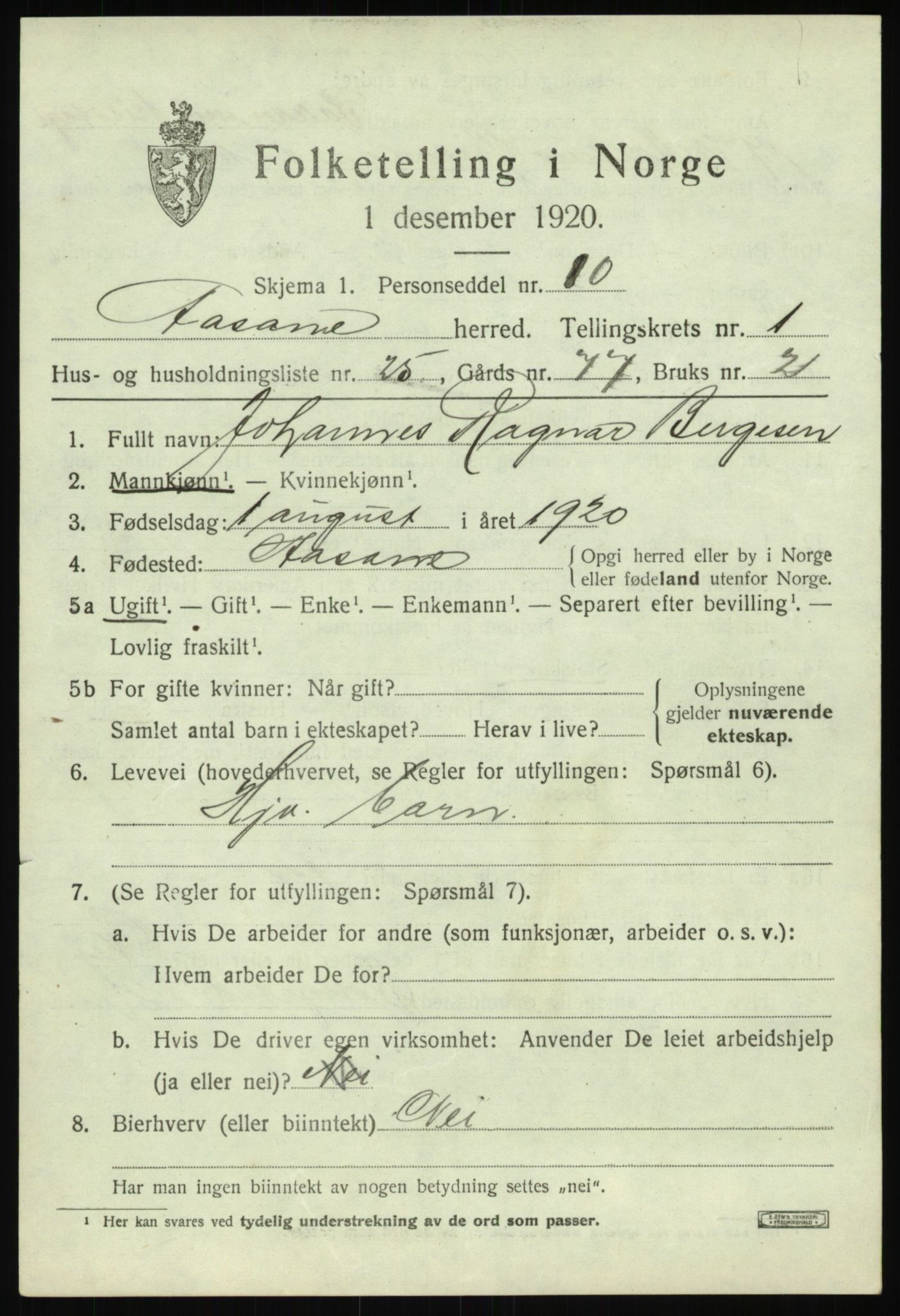 SAB, 1920 census for Åsane, 1920, p. 1193