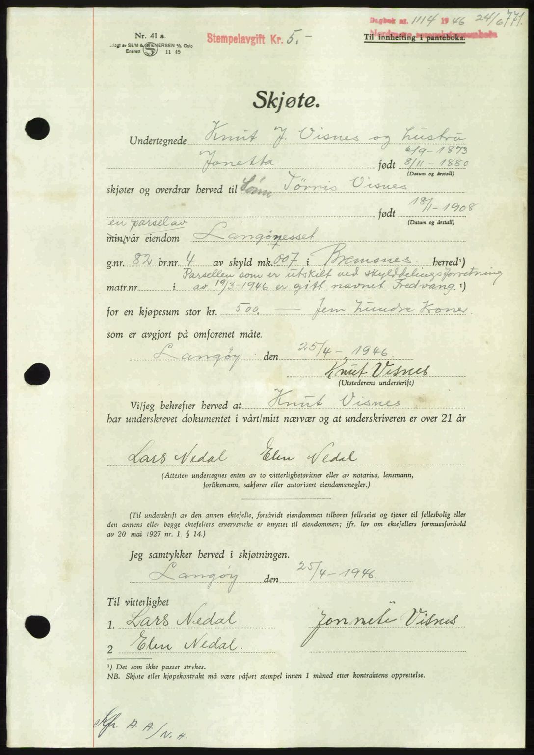 Nordmøre sorenskriveri, AV/SAT-A-4132/1/2/2Ca: Mortgage book no. A101, 1946-1946, Diary no: : 1114/1946