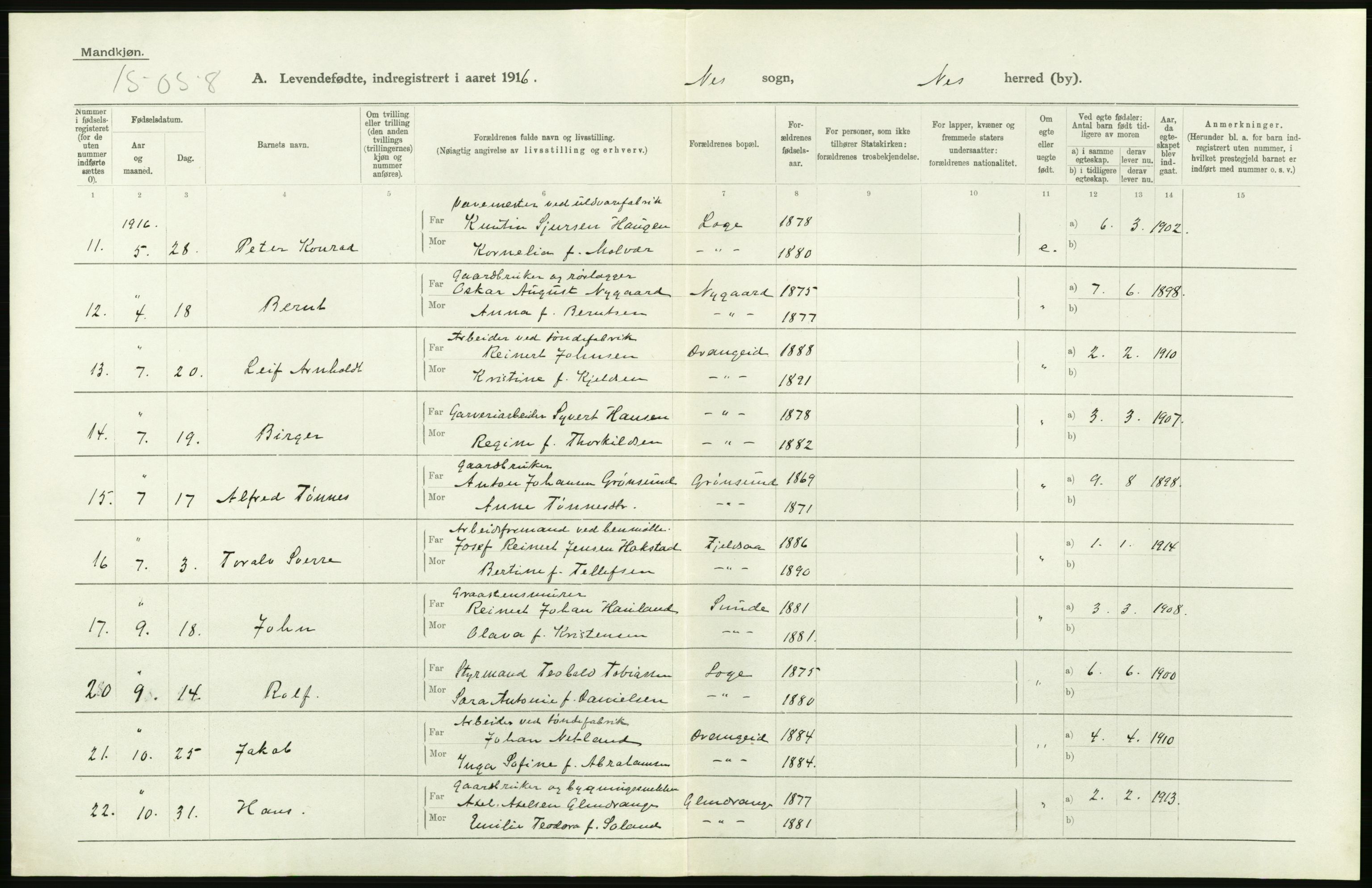 Statistisk sentralbyrå, Sosiodemografiske emner, Befolkning, AV/RA-S-2228/D/Df/Dfb/Dfbf/L0027: Lister og Mandals amt: Levendefødte menn og kvinner. Bygder og byer., 1916, p. 26