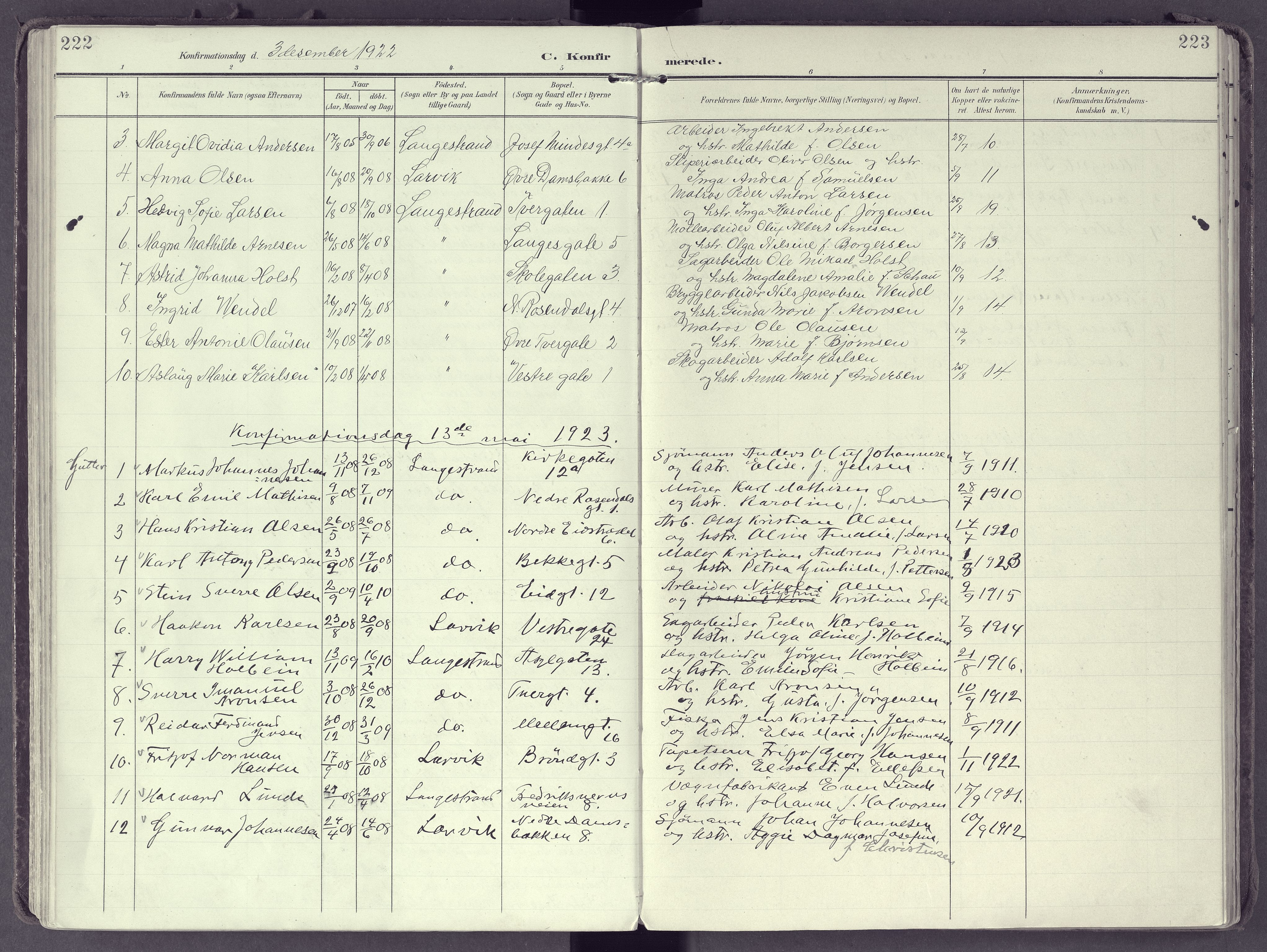 Larvik kirkebøker, AV/SAKO-A-352/F/Fb/L0005: Parish register (official) no. II 5, 1903-1925, p. 222-223