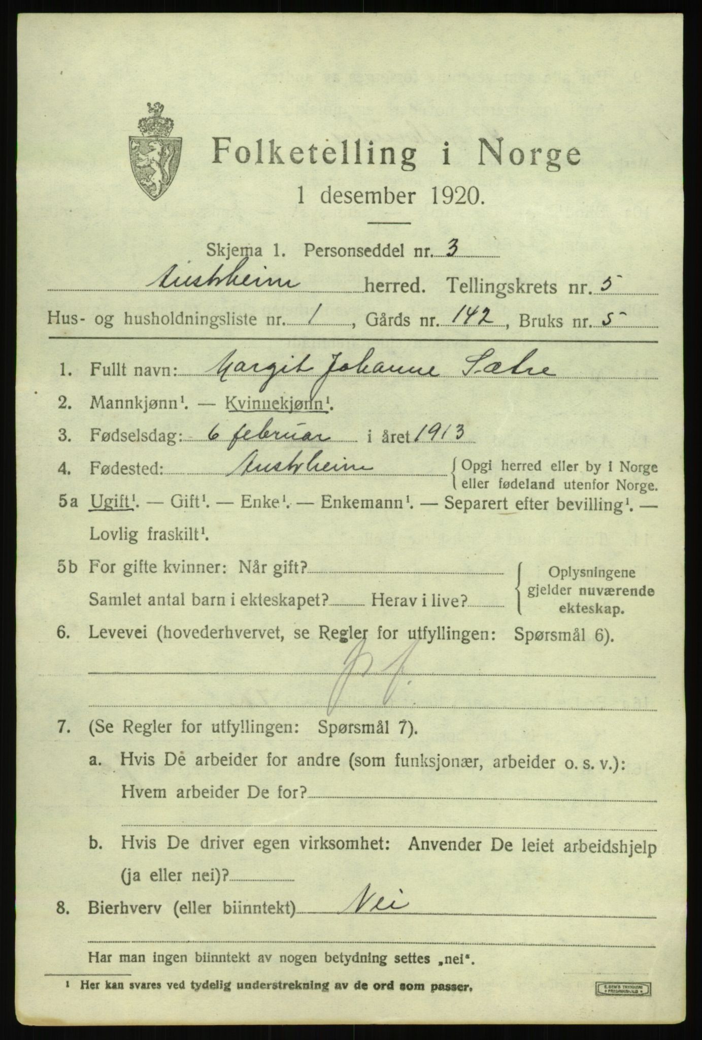 SAB, 1920 census for Austrheim, 1920, p. 2052