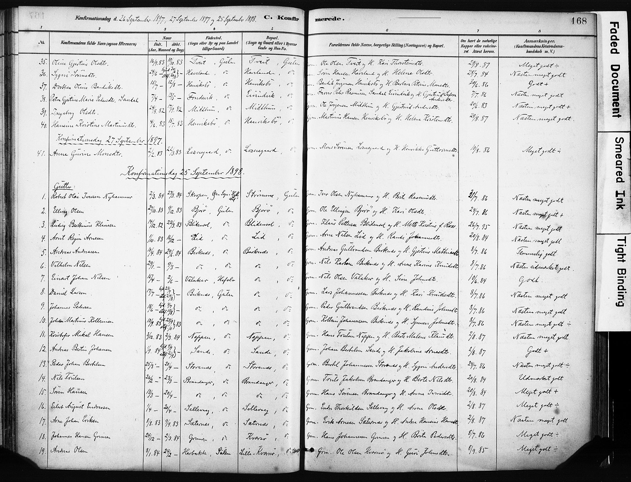 Gulen sokneprestembete, SAB/A-80201/H/Haa/Haab/L0001: Parish register (official) no. B 1, 1881-1905, p. 168