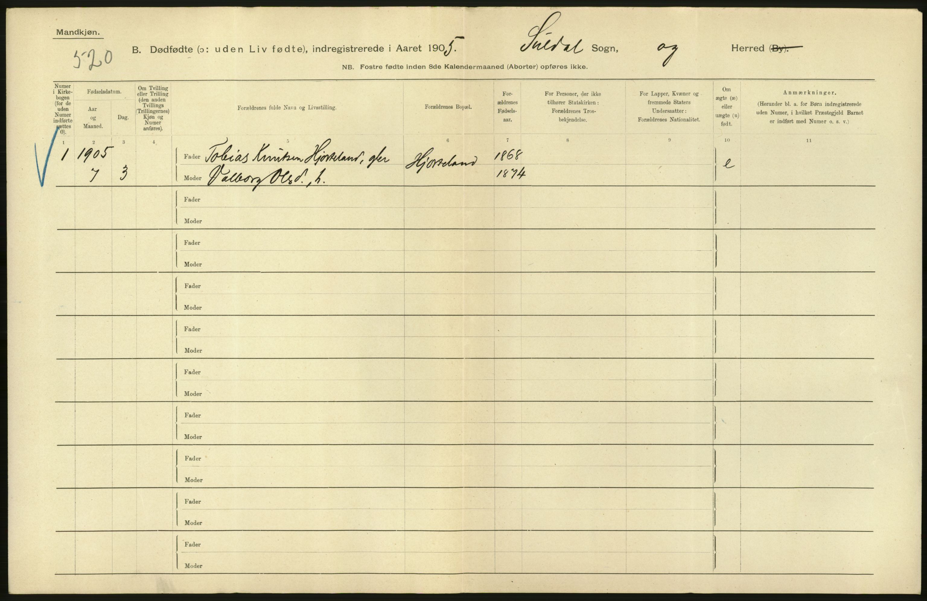 Statistisk sentralbyrå, Sosiodemografiske emner, Befolkning, RA/S-2228/D/Df/Dfa/Dfac/L0023: Stavanger amt: Døde, dødfødte. Bygder, 1905, p. 86