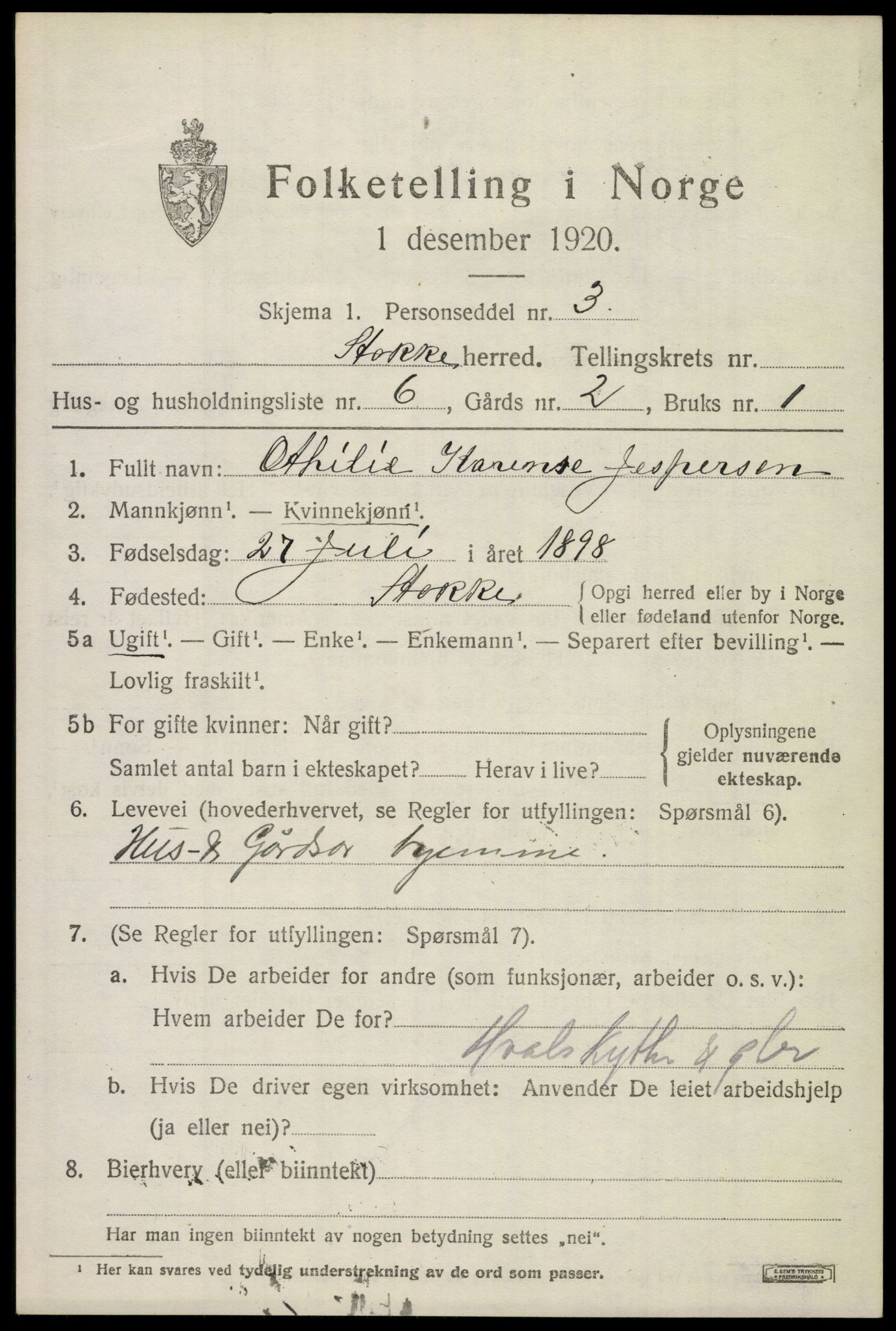 SAKO, 1920 census for Stokke, 1920, p. 2086