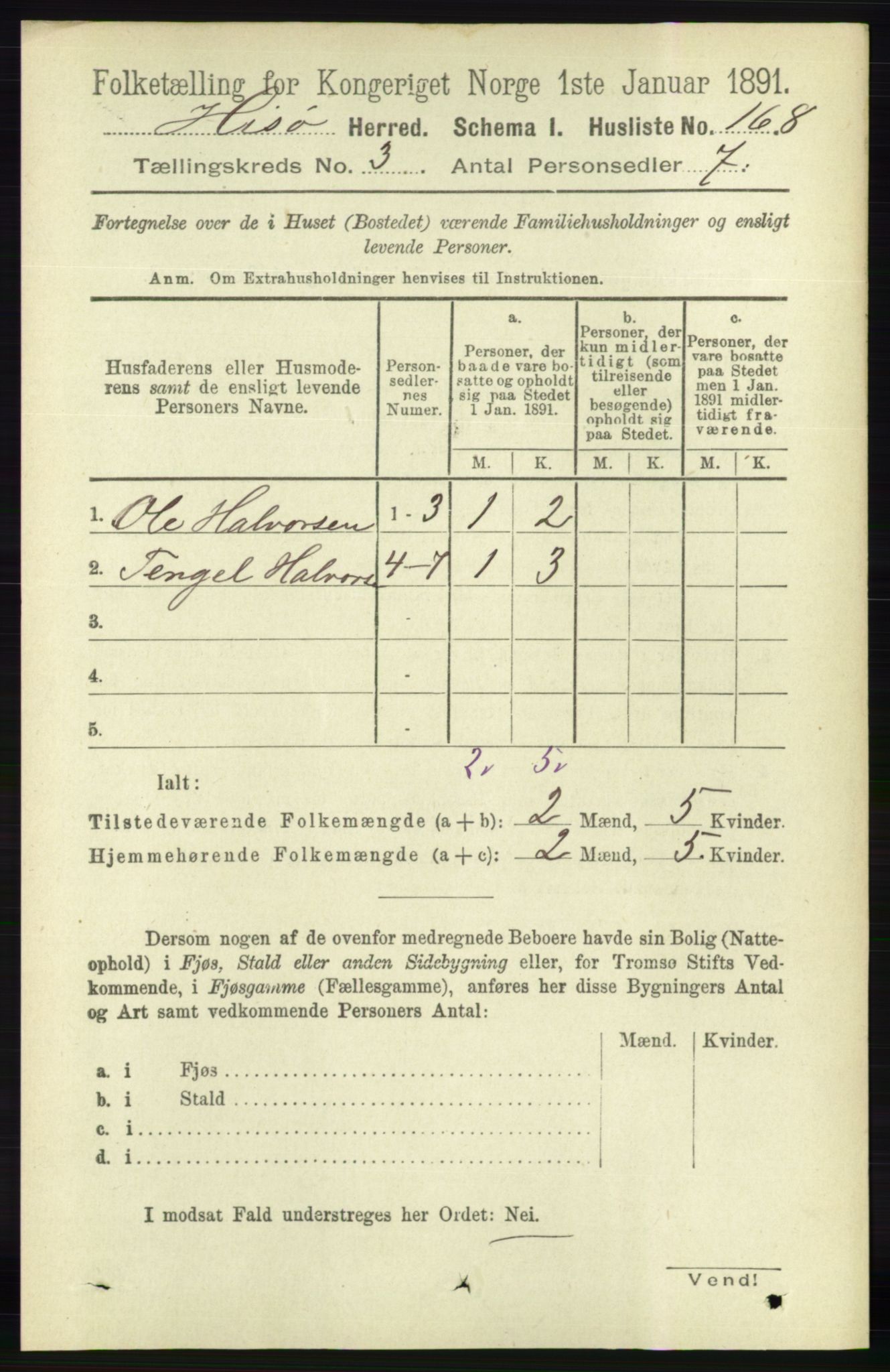 RA, 1891 census for 0922 Hisøy, 1891, p. 2247