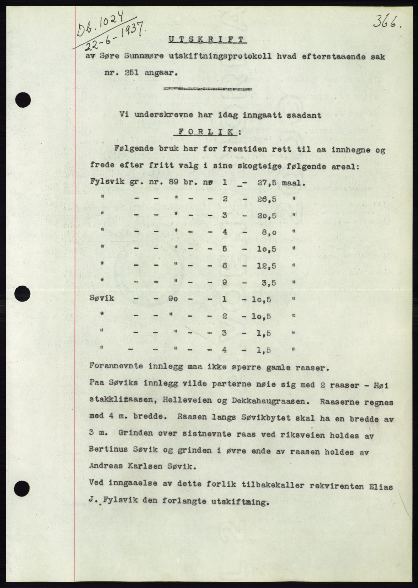 Søre Sunnmøre sorenskriveri, AV/SAT-A-4122/1/2/2C/L0063: Mortgage book no. 57, 1937-1937, Diary no: : 1024/1937