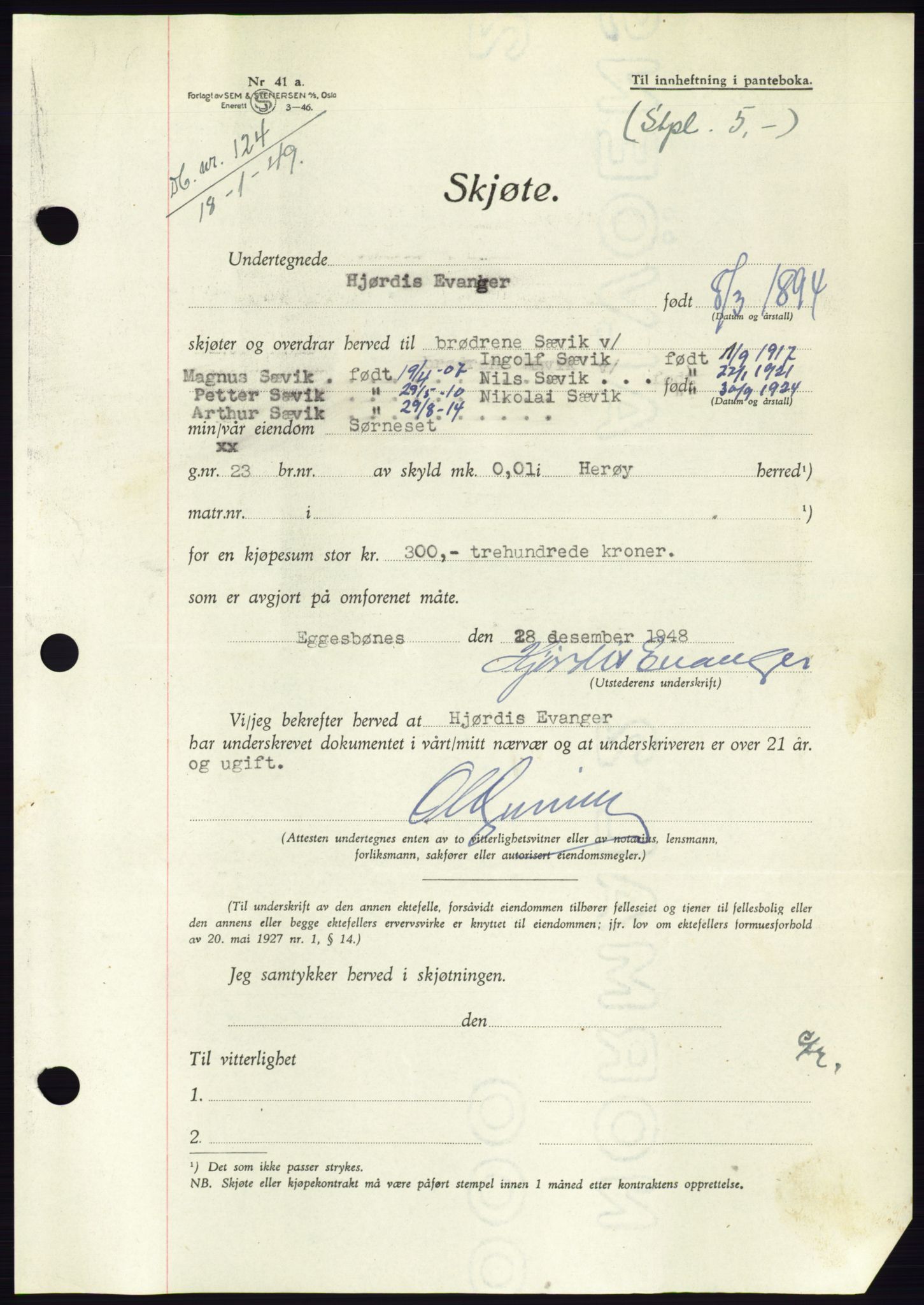 Søre Sunnmøre sorenskriveri, AV/SAT-A-4122/1/2/2C/L0083: Mortgage book no. 9A, 1948-1949, Diary no: : 124/1949