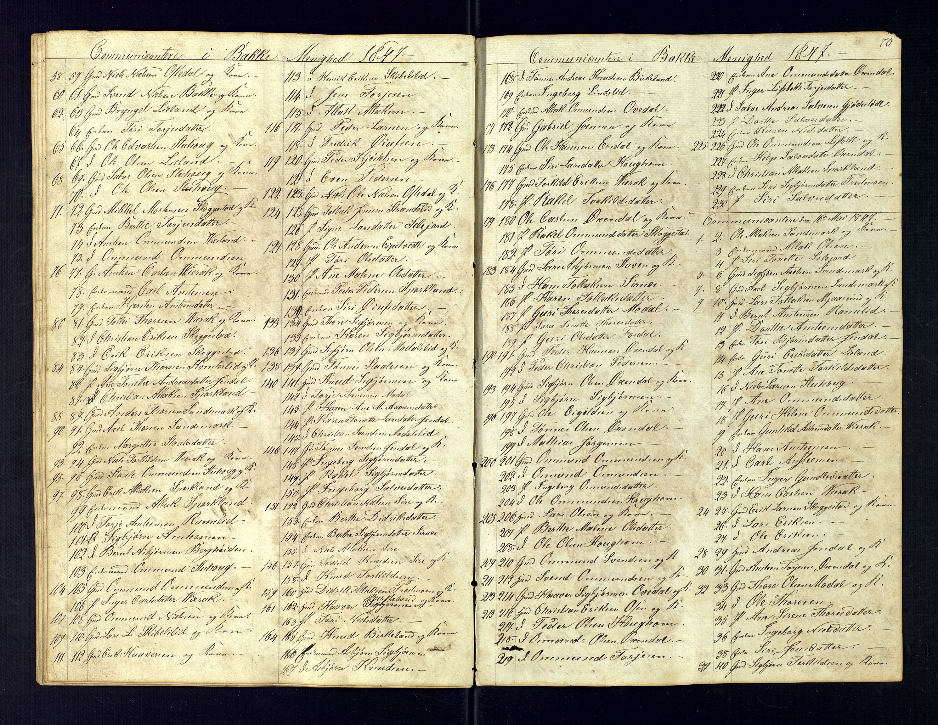 Bakke sokneprestkontor, SAK/1111-0002/F/Fc/Fca/L0004: Communicants register no. C-4, 1838-1861, p. 70