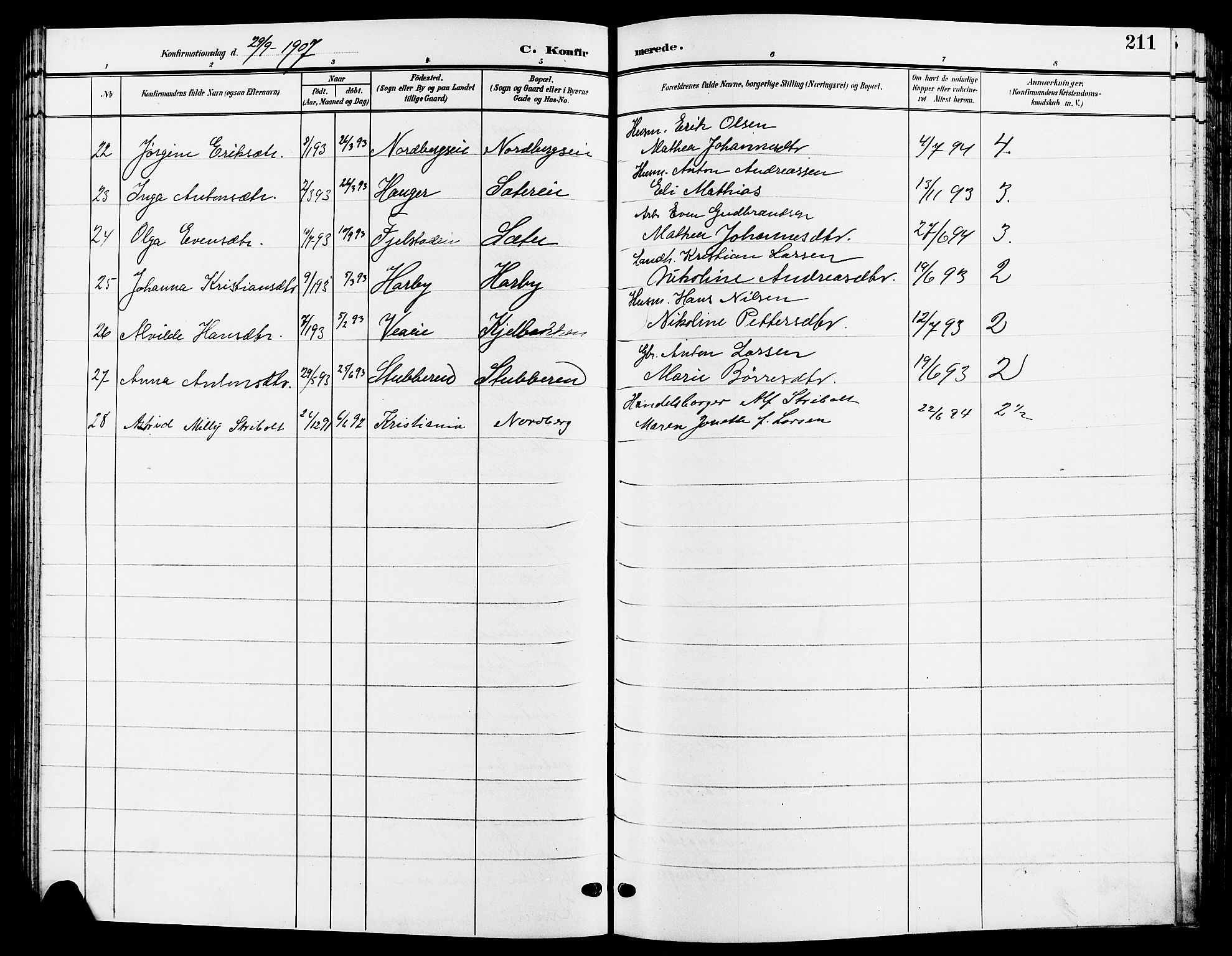 Ringsaker prestekontor, AV/SAH-PREST-014/L/La/L0015: Parish register (copy) no. 15, 1903-1912, p. 211