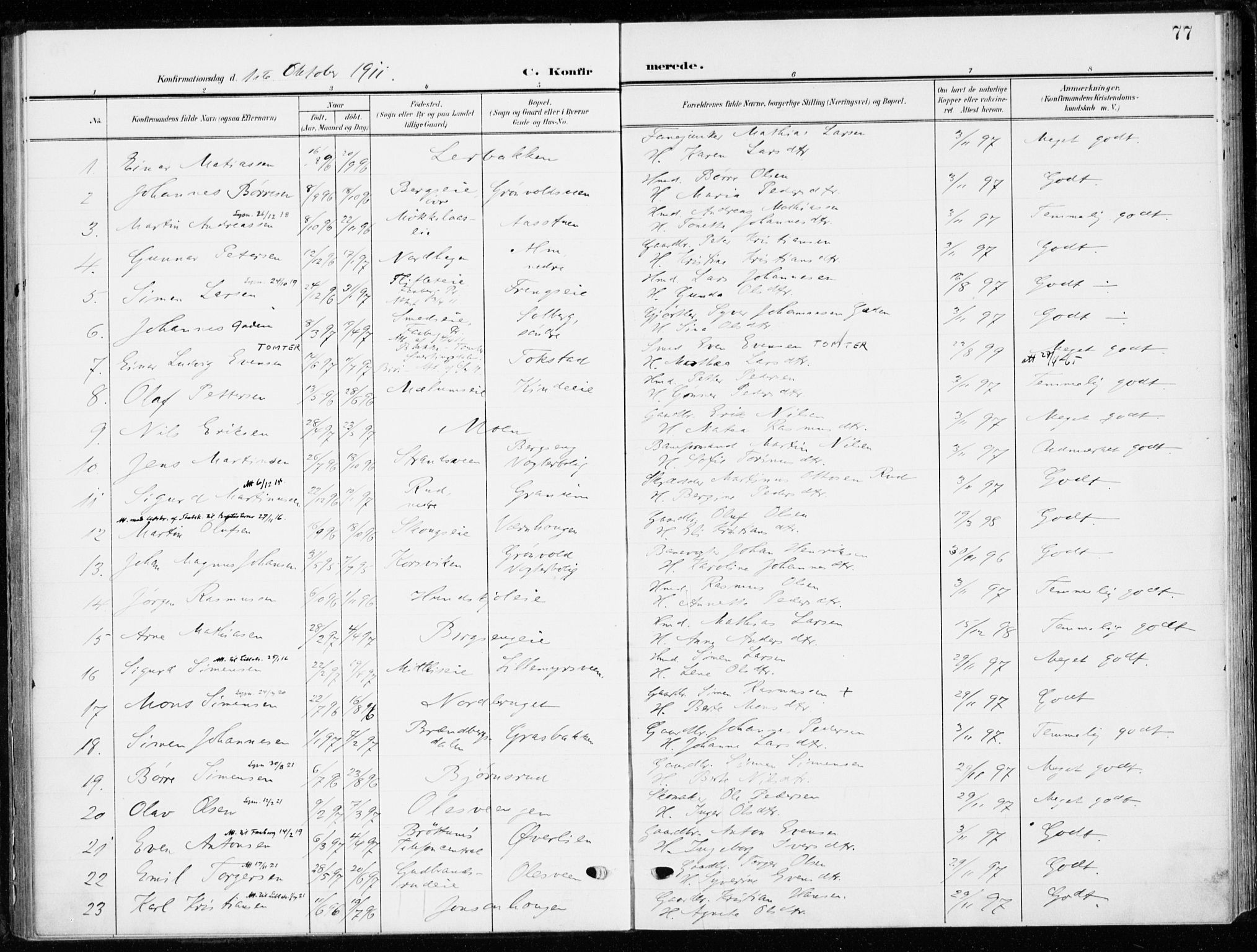 Ringsaker prestekontor, SAH/PREST-014/K/Ka/L0021: Parish register (official) no. 21, 1905-1920, p. 77