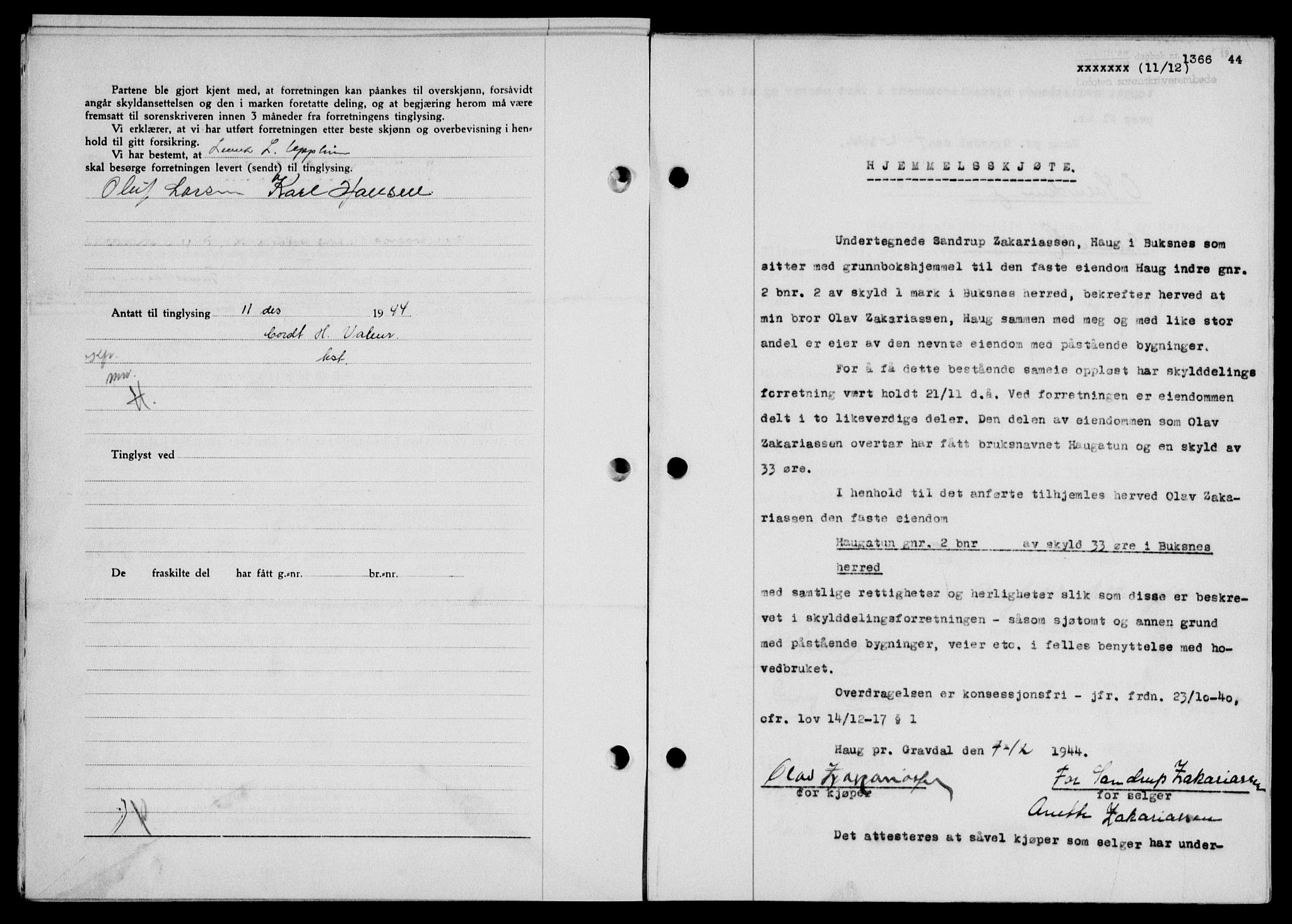 Lofoten sorenskriveri, SAT/A-0017/1/2/2C/L0013a: Mortgage book no. 13a, 1944-1946, Diary no: : 1366/1944