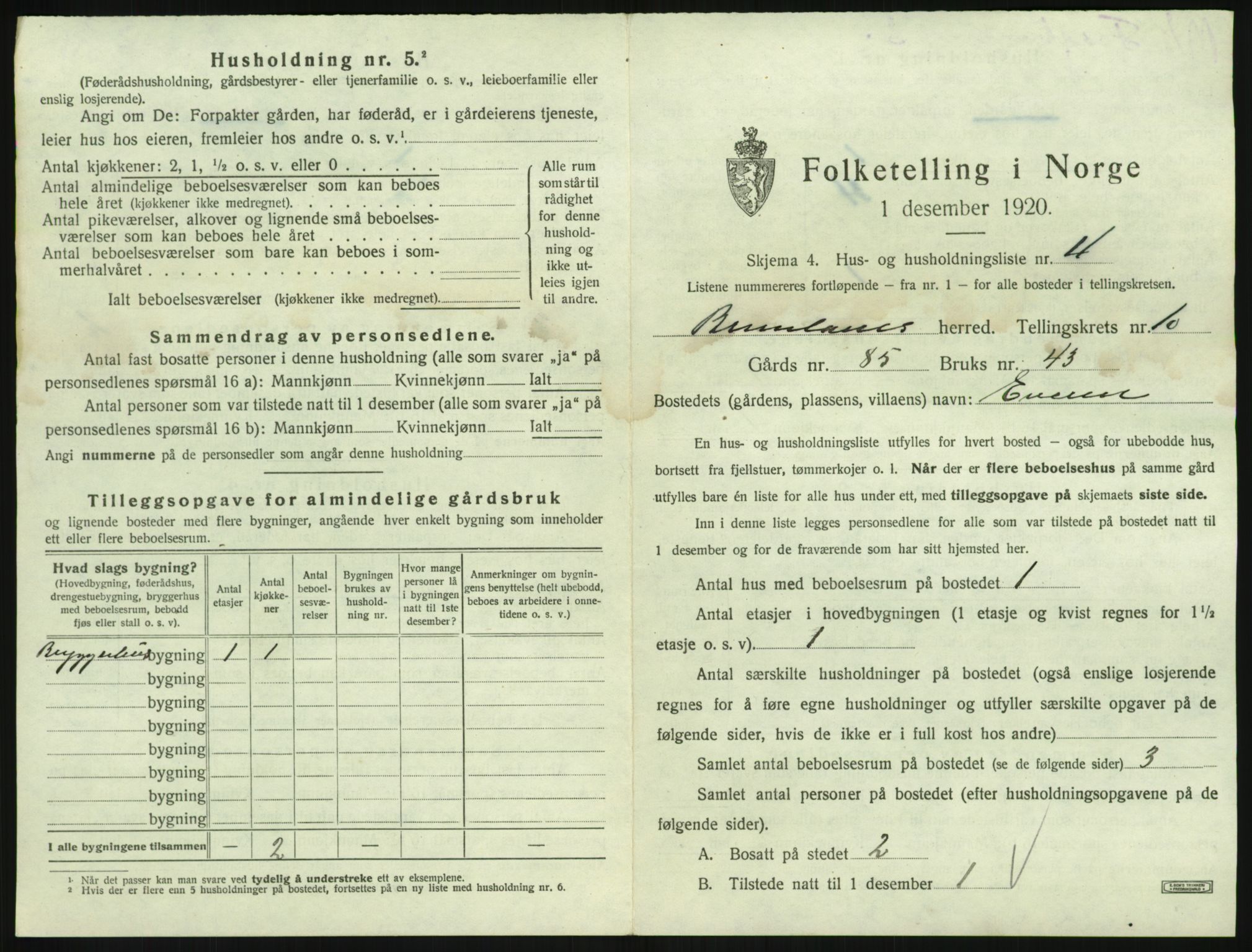 SAKO, 1920 census for Brunlanes, 1920, p. 1253