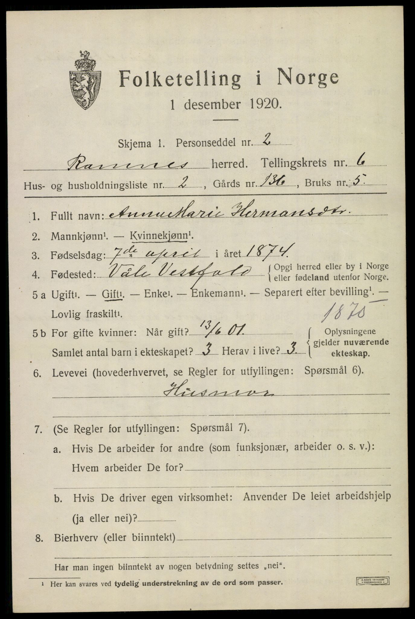 SAKO, 1920 census for Ramnes, 1920, p. 6198