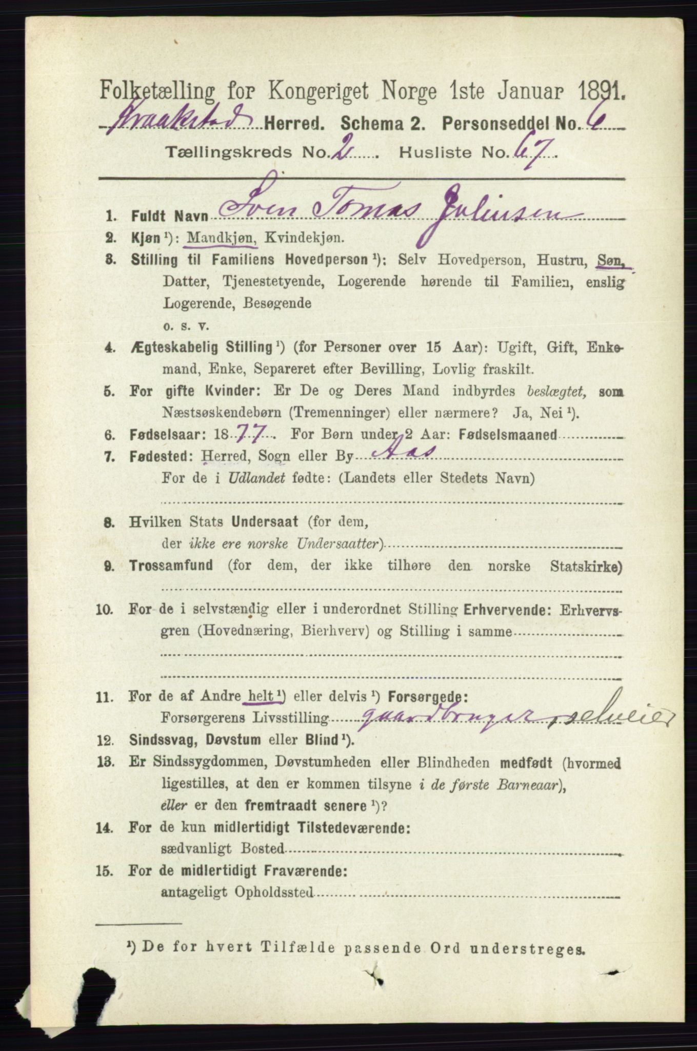 RA, 1891 census for 0212 Kråkstad, 1891, p. 1110