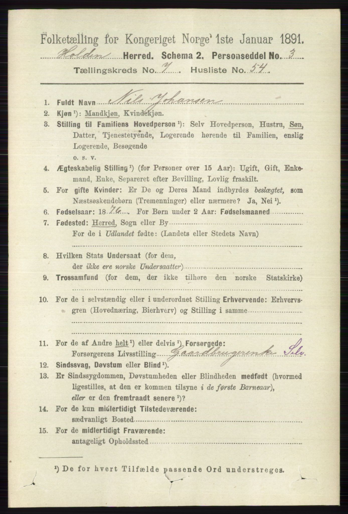 RA, 1891 census for 0819 Holla, 1891, p. 3603