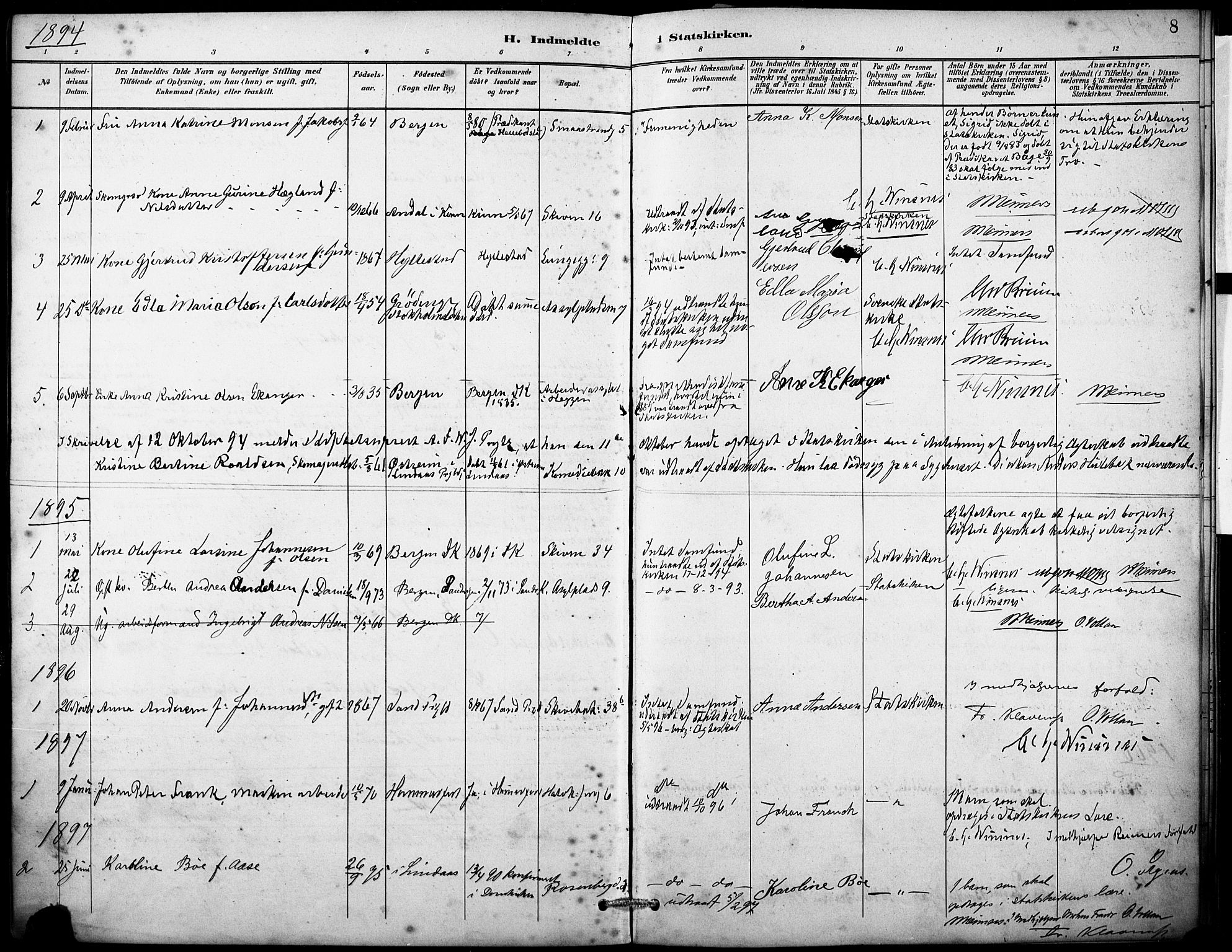 Domkirken sokneprestembete, SAB/A-74801/H/Haa: Parish register (official) no. I 1, 1887-1908, p. 8