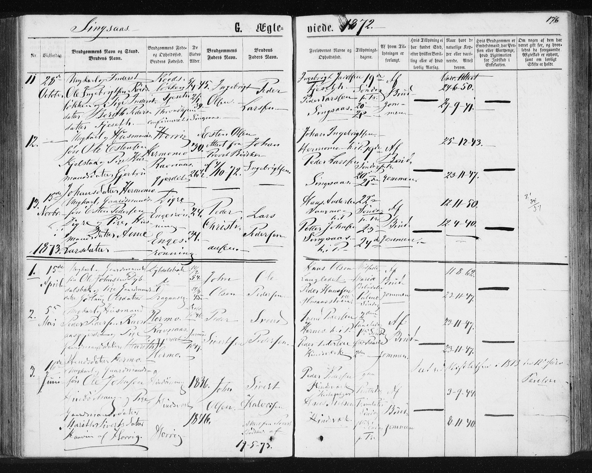 Ministerialprotokoller, klokkerbøker og fødselsregistre - Sør-Trøndelag, SAT/A-1456/685/L0970: Parish register (official) no. 685A08 /2, 1870-1878, p. 176
