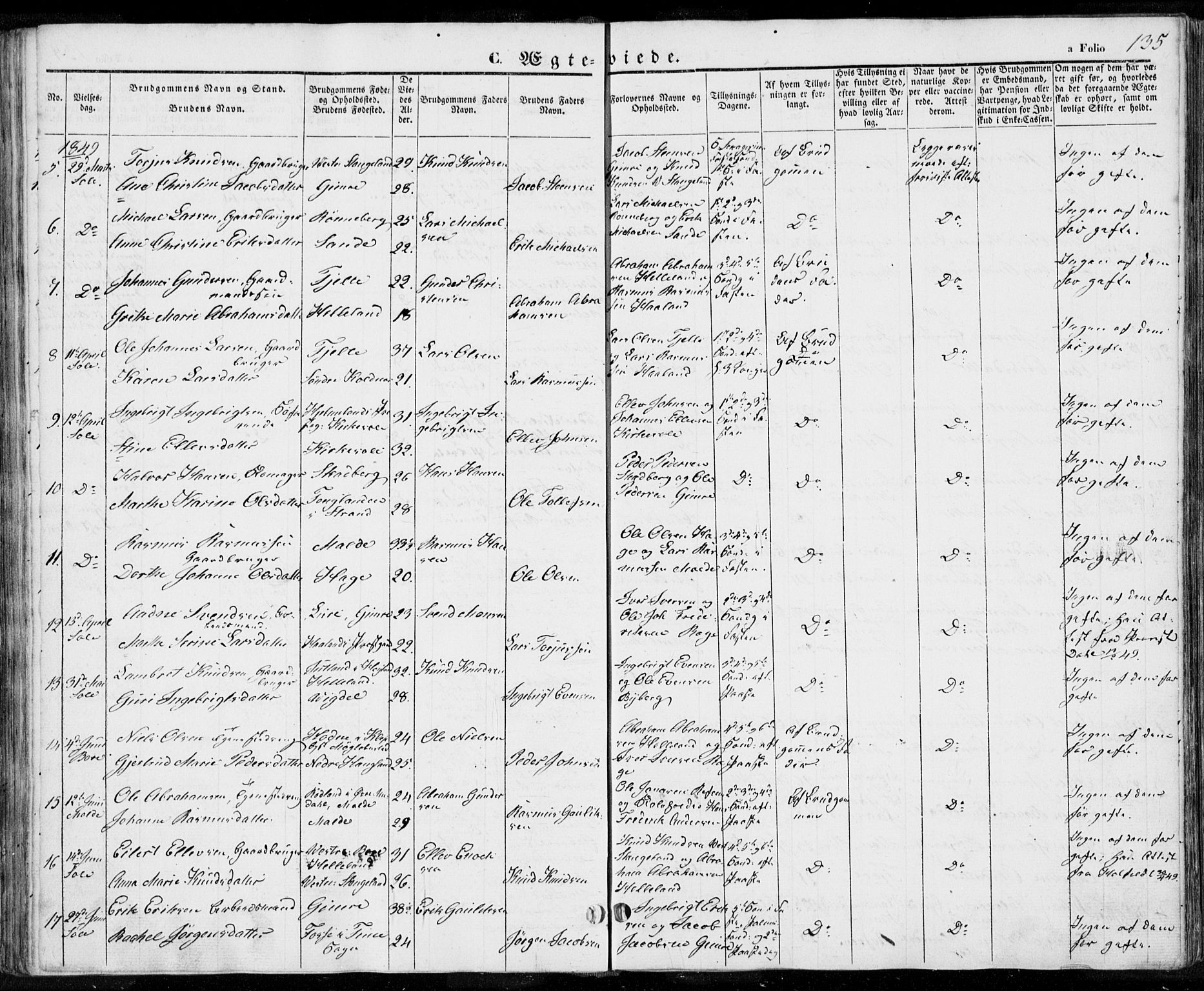 Håland sokneprestkontor, AV/SAST-A-101802/001/30BA/L0006: Parish register (official) no. A 6, 1842-1853, p. 135