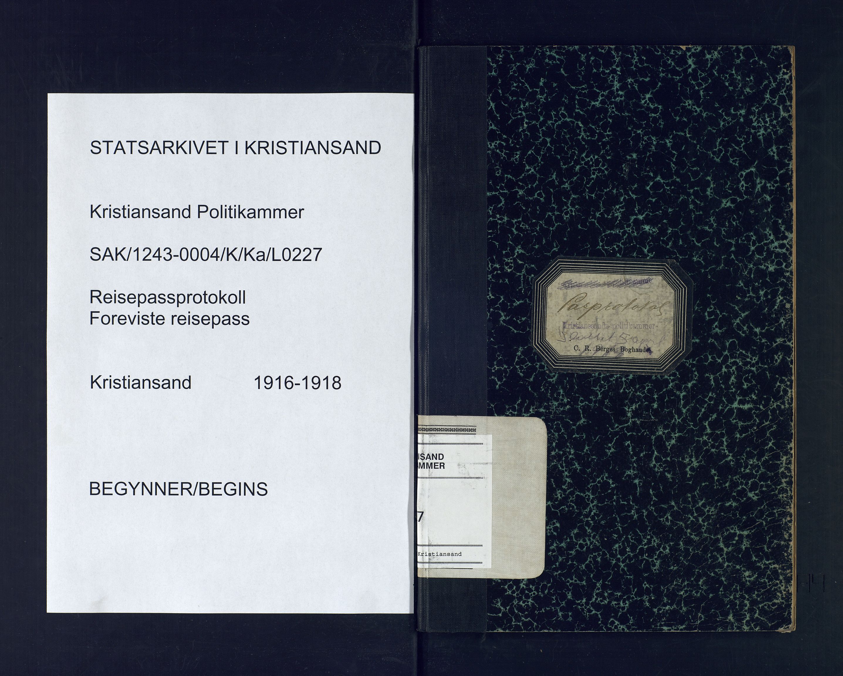 Kristiansand politikammer, SAK/1243-0004/K/Ka/L0227: Passprotokoll foreviste reisepass, 1916-1918, p. 1