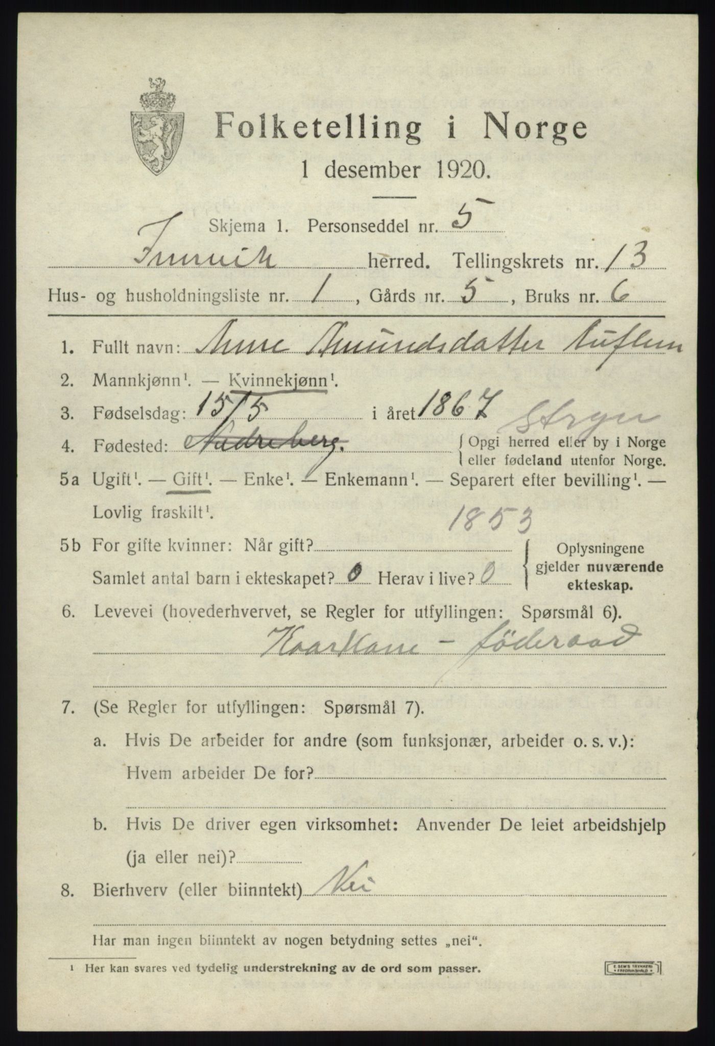 SAB, 1920 census for Innvik, 1920, p. 5135