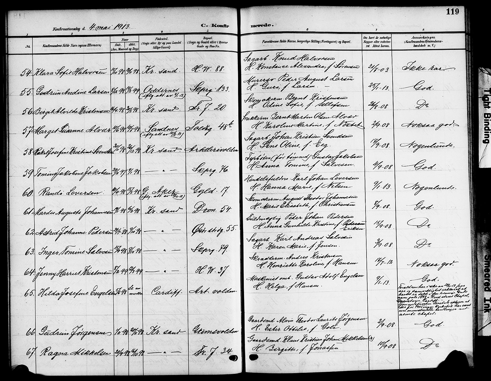 Kristiansand domprosti, SAK/1112-0006/F/Fb/L0020: Parish register (copy) no. B 20, 1906-1915, p. 119