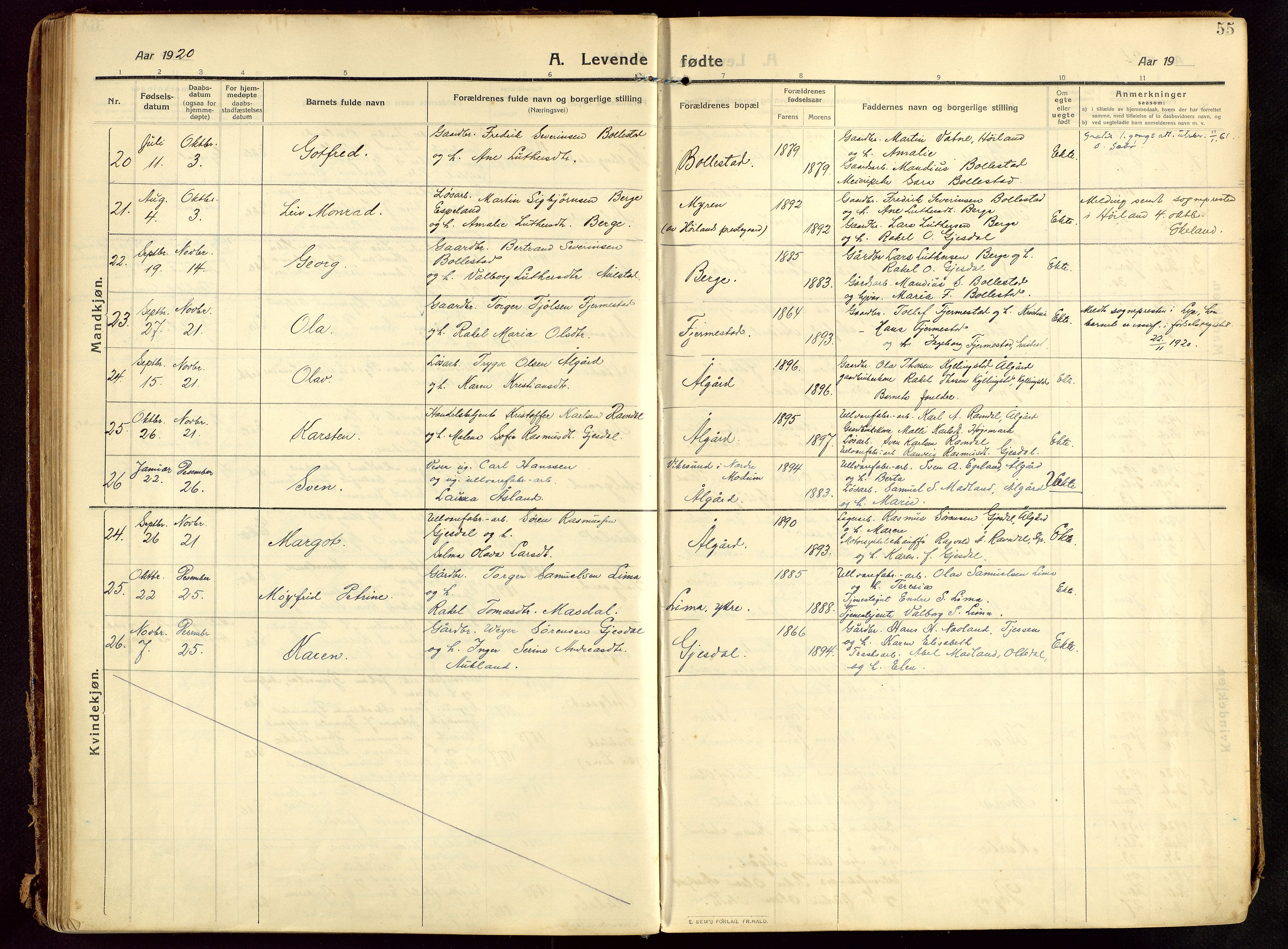 Lye sokneprestkontor, AV/SAST-A-101794/002/B/L0001: Parish register (official) no. A 13, 1910-1925, p. 55