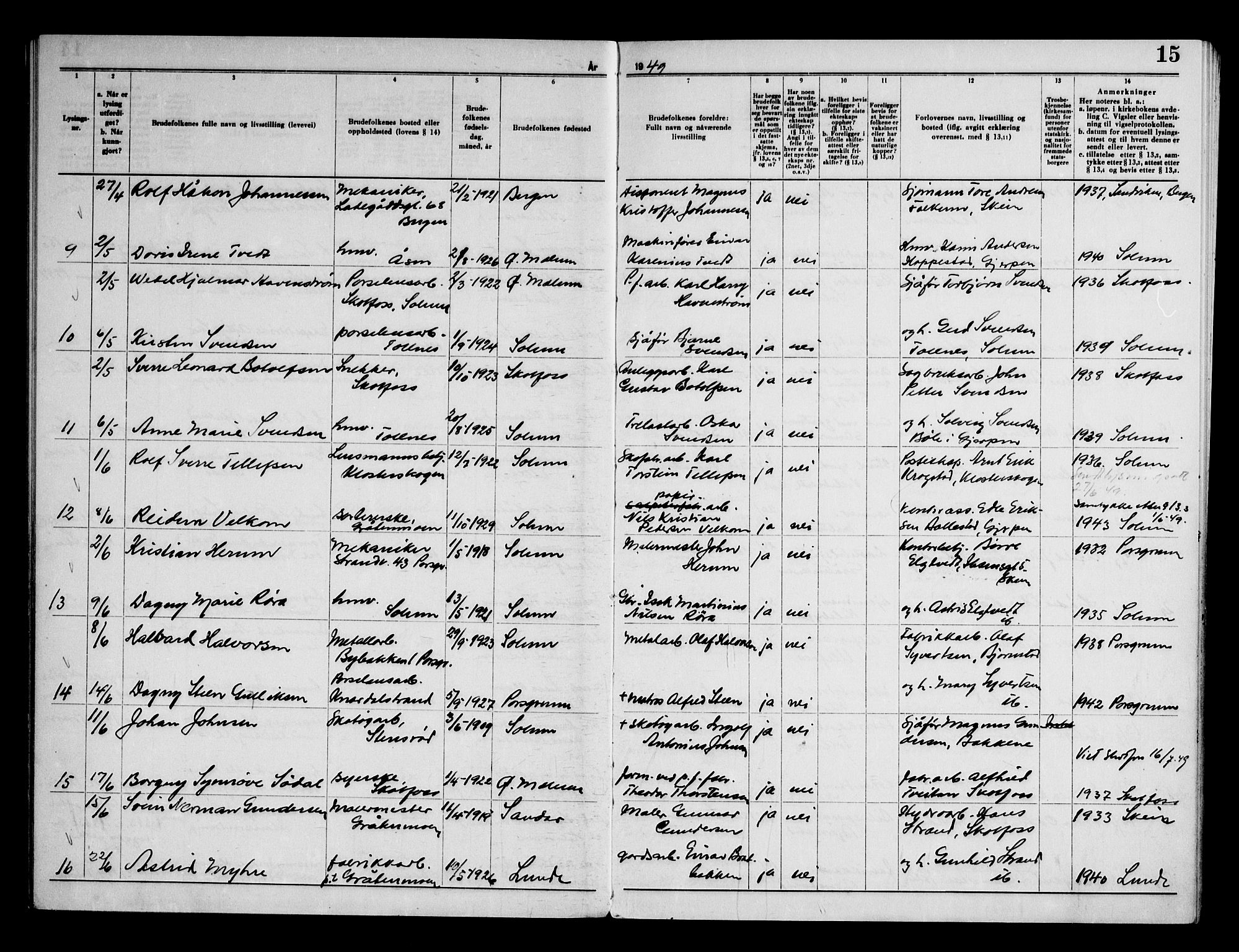 Solum kirkebøker, AV/SAKO-A-306/H/Ha/L0003: Banns register no. I 3, 1946-1966, p. 15