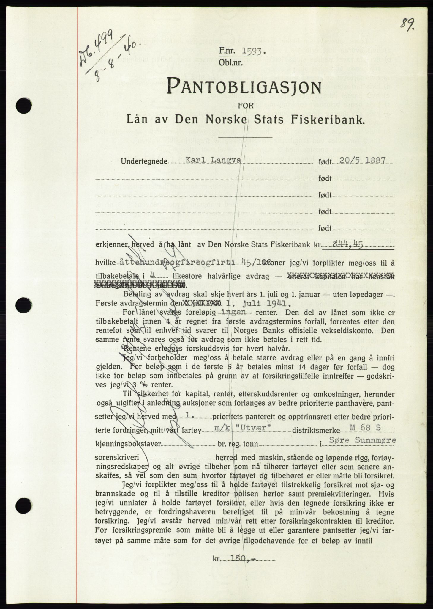 Søre Sunnmøre sorenskriveri, AV/SAT-A-4122/1/2/2C/L0070: Mortgage book no. 64, 1940-1941, Diary no: : 499/1940