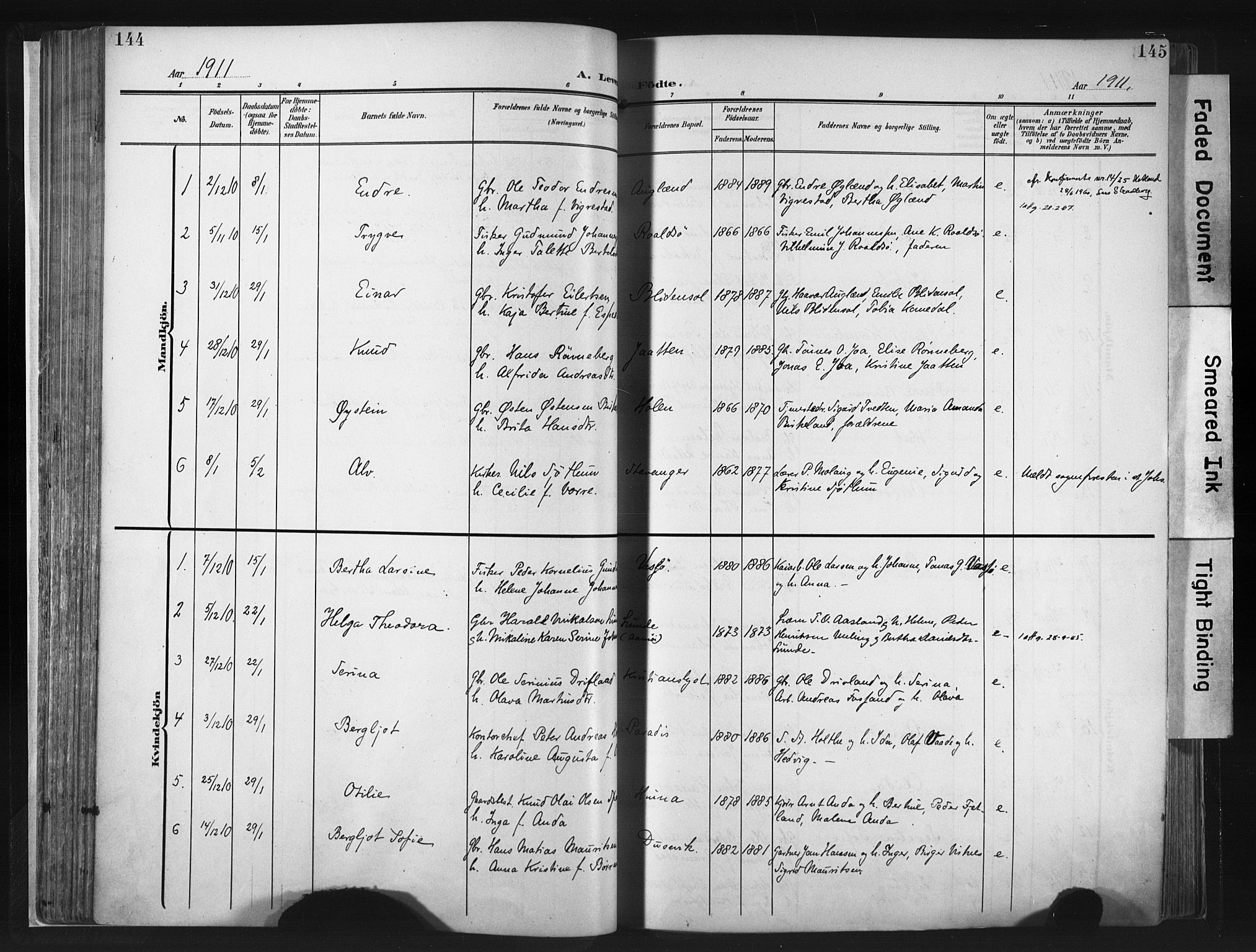 Hetland sokneprestkontor, AV/SAST-A-101826/30/30BA/L0013: Parish register (official) no. A 13, 1904-1918, p. 144-145