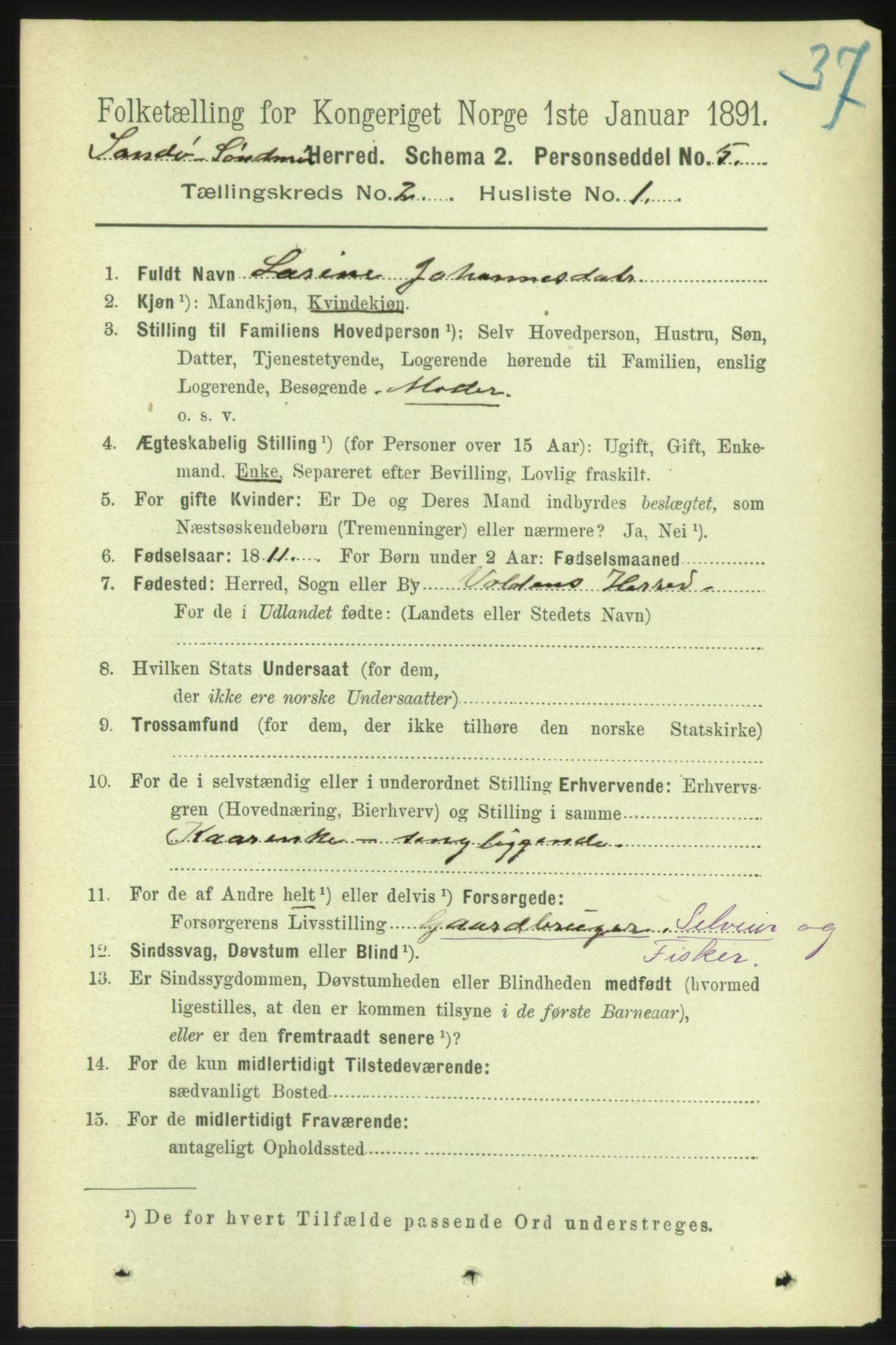 RA, 1891 census for 1514 Sande, 1891, p. 189