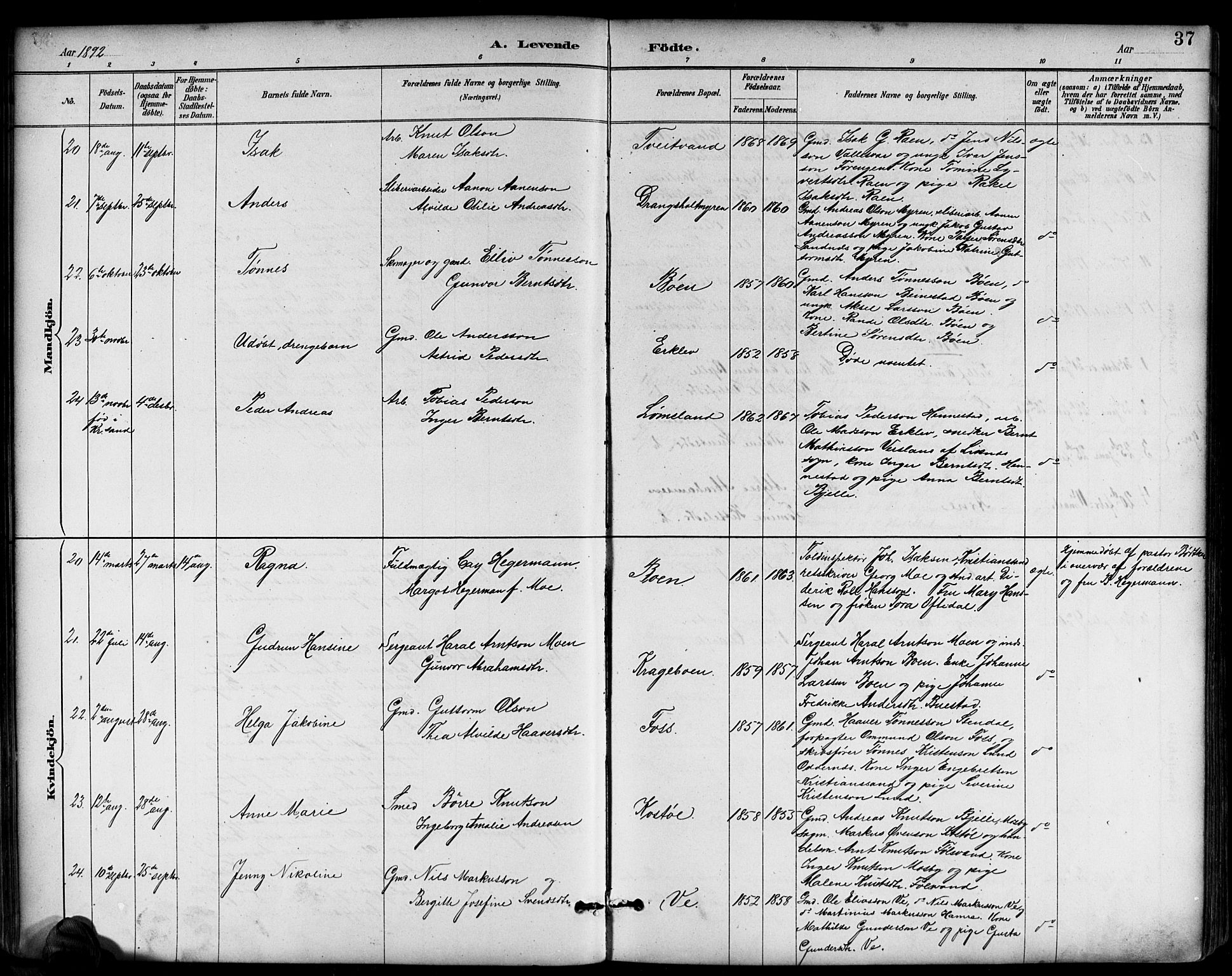 Tveit sokneprestkontor, AV/SAK-1111-0043/F/Fb/L0004: Parish register (copy) no. B 4, 1887-1914, p. 37