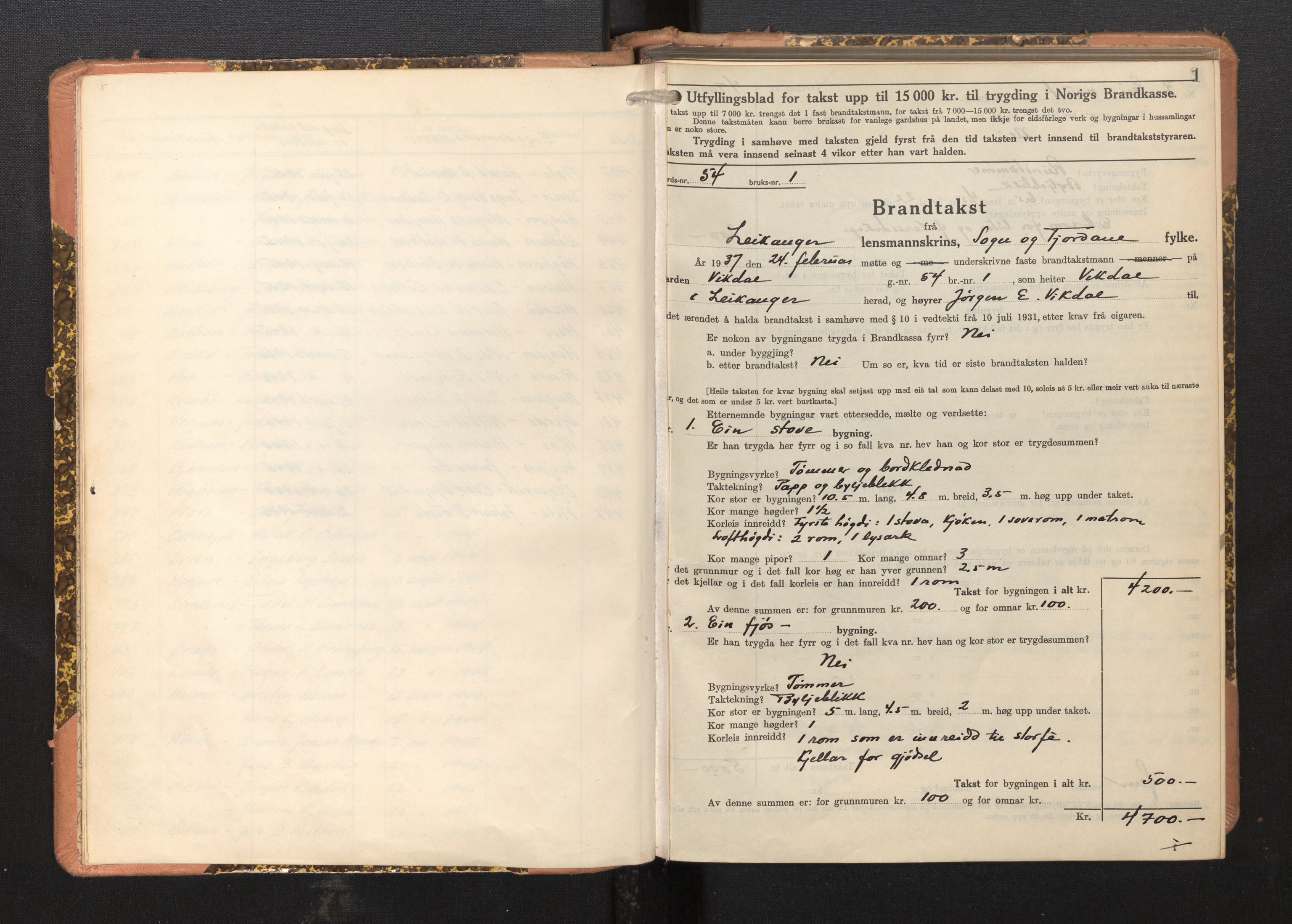 Lensmannen i Leikanger, AV/SAB-A-29201/0012/L0008: Branntakstprotokoll, skjematakst, 1937-1946, p. 1